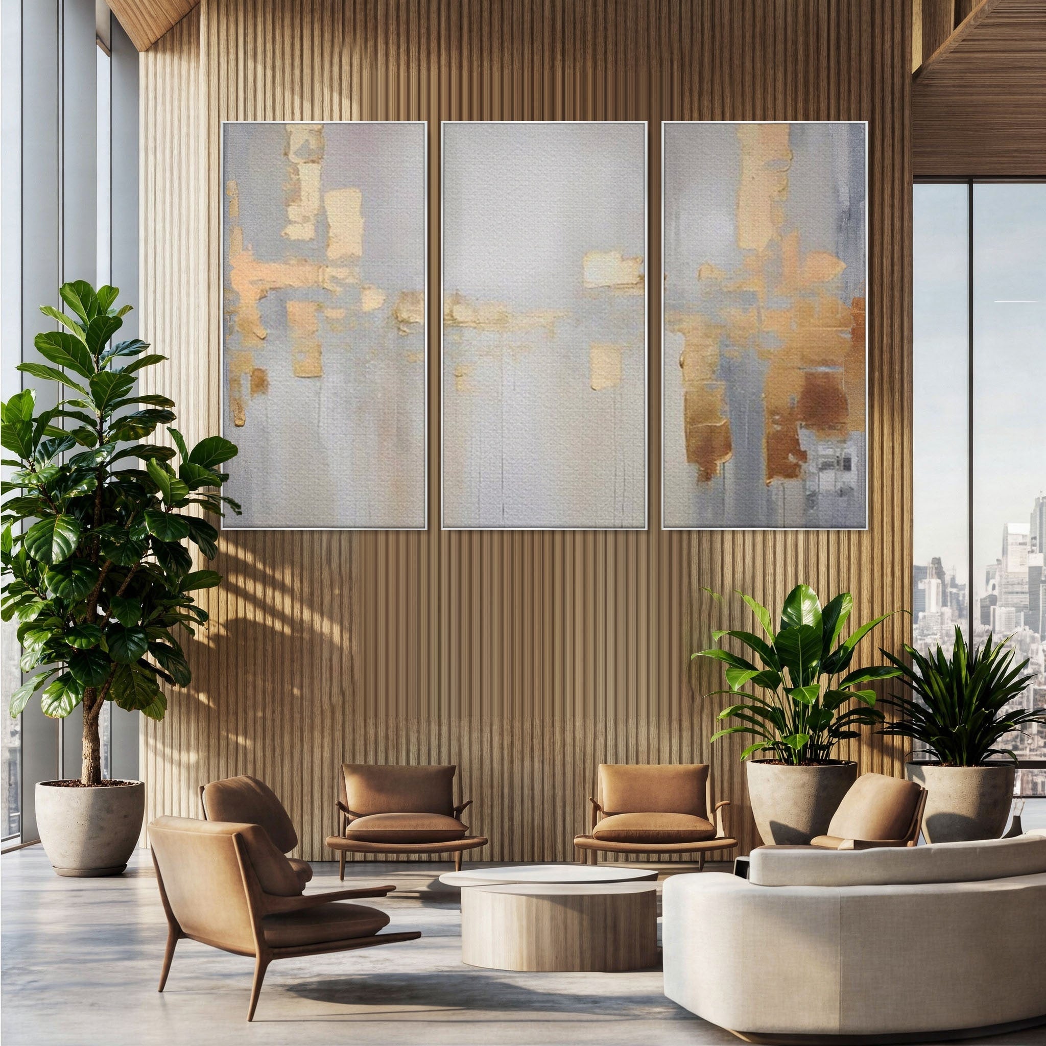 Set 3 Tablouri Canvas Premium LuxCanva® A3-1652, Gold And Grey, Room, Decorativ, Cromatic, Abstract, Living, Culori Vibrante