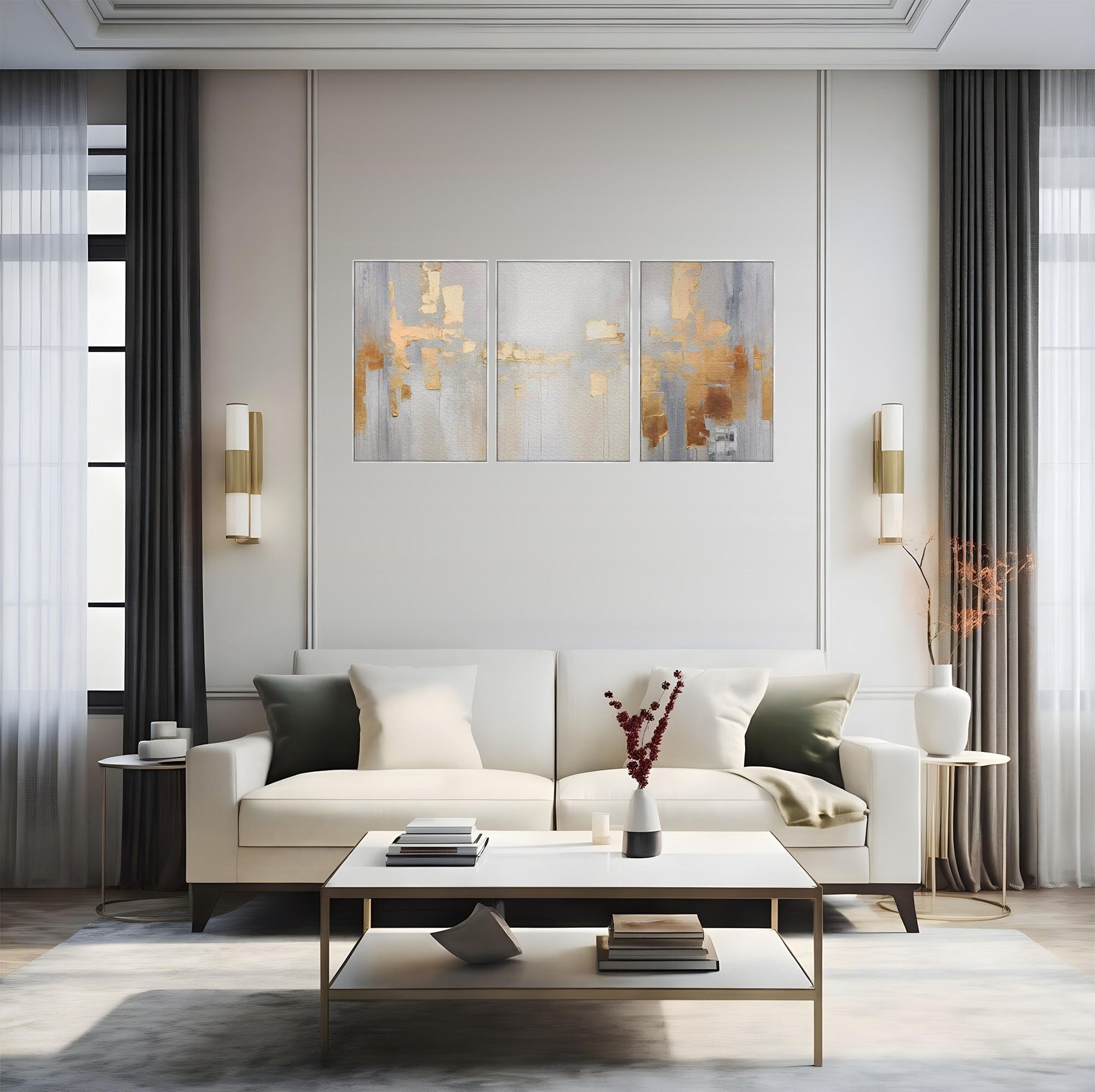 Set 3 Tablouri Canvas Premium LuxCanva® A3-1652, Gold And Grey, Room, Decorativ, Cromatic, Abstract, Living, Culori Vibrante