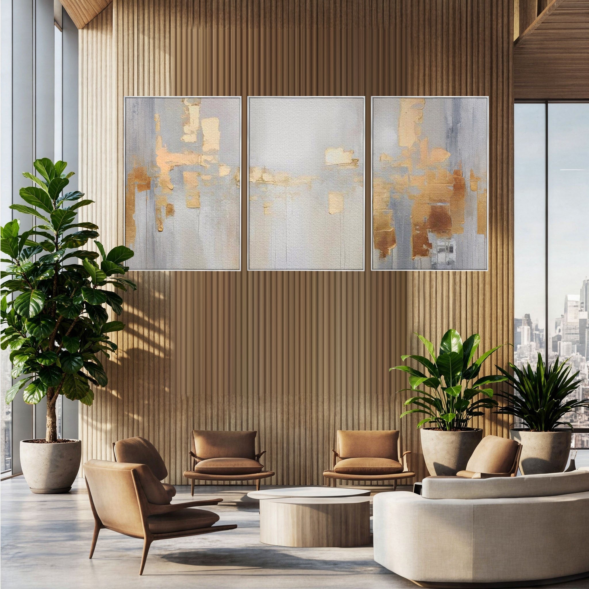 Set 3 Tablouri Canvas Premium LuxCanva® A3-1652, Gold And Grey, Room, Decorativ, Cromatic, Abstract, Living, Culori Vibrante