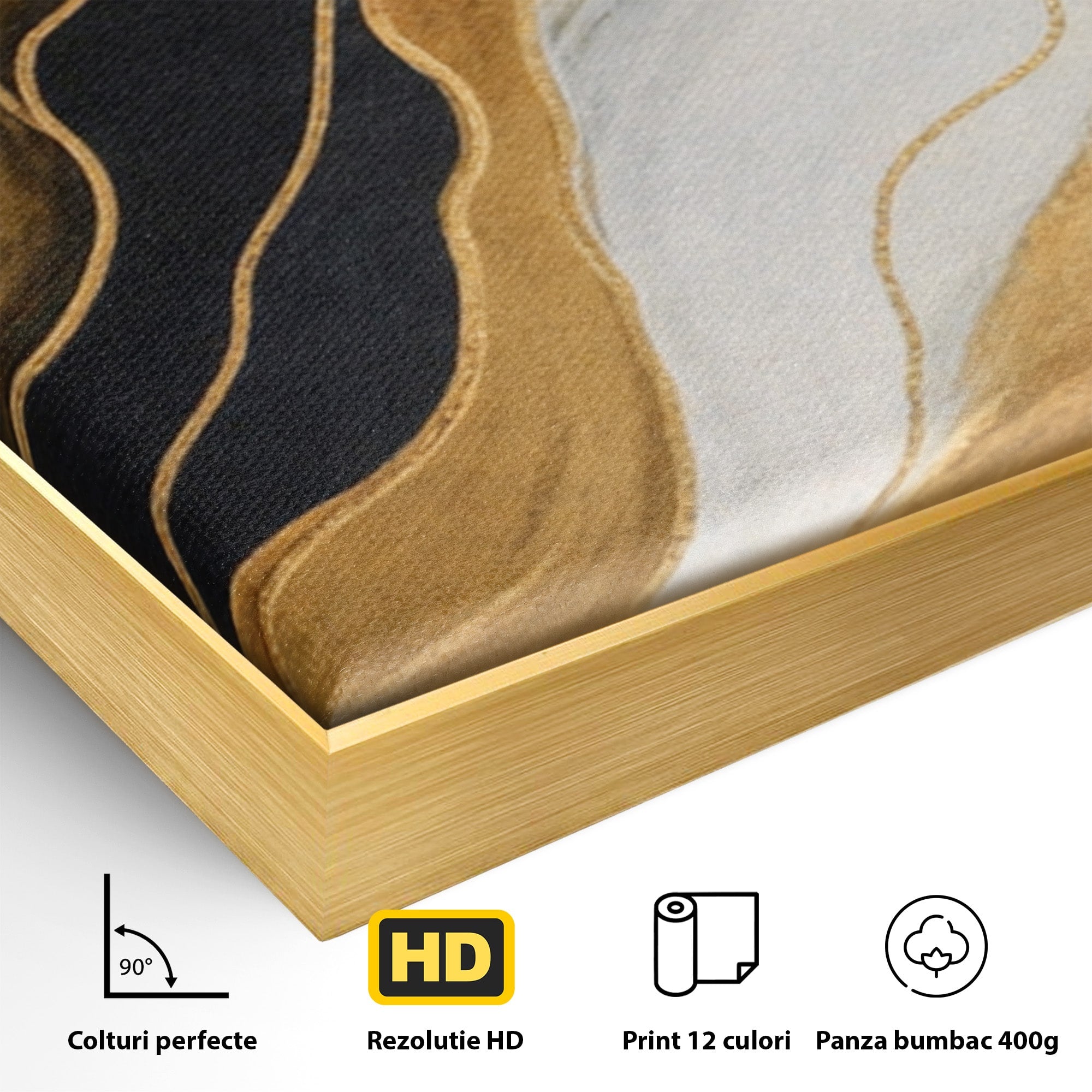 Set 3 Tablouri Canvas Premium LuxCanva® A3-1653, Valuri Aurii, Room, Decorativ, Cromatic, Abstract, Living, Culori Vibrante