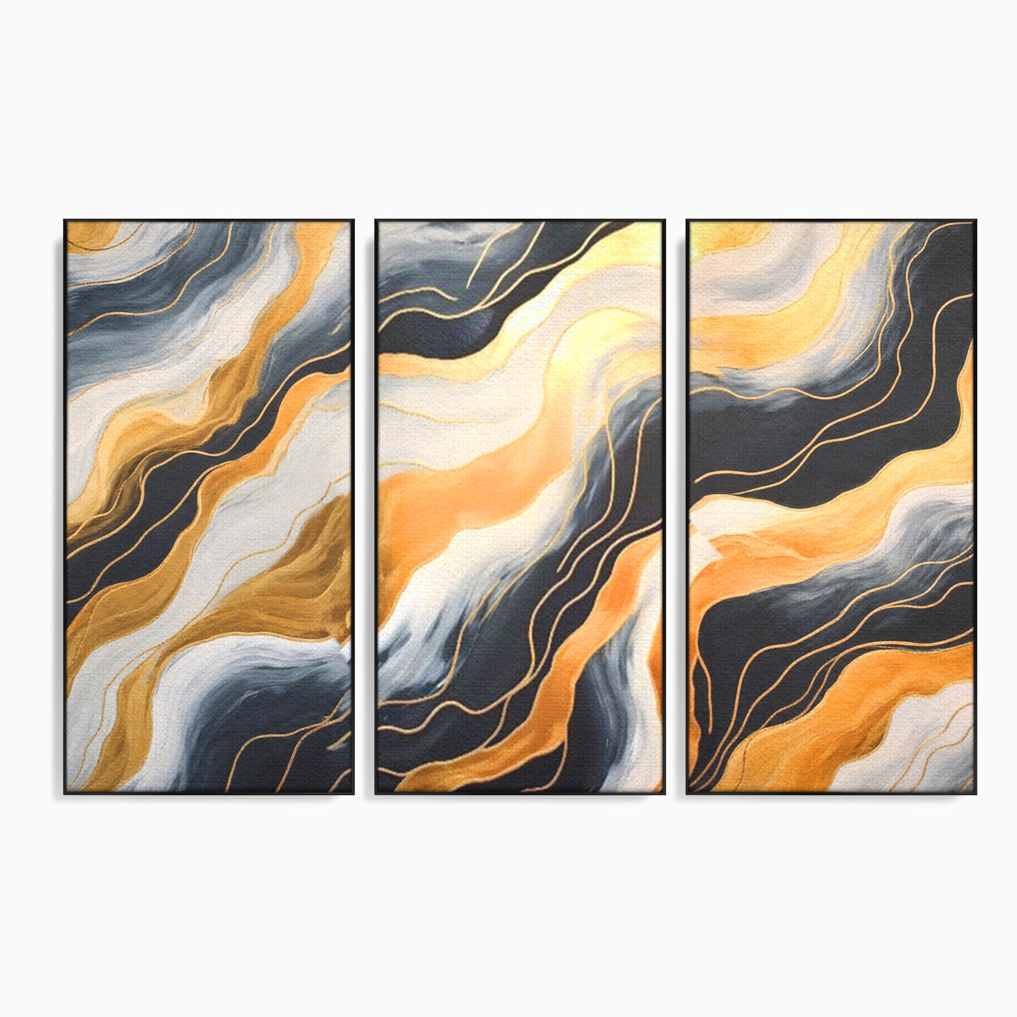 Set 3 Tablouri Canvas Premium LuxCanva® A3-1653, Valuri Aurii, Room, Decorativ, Cromatic, Abstract, Living, Culori Vibrante