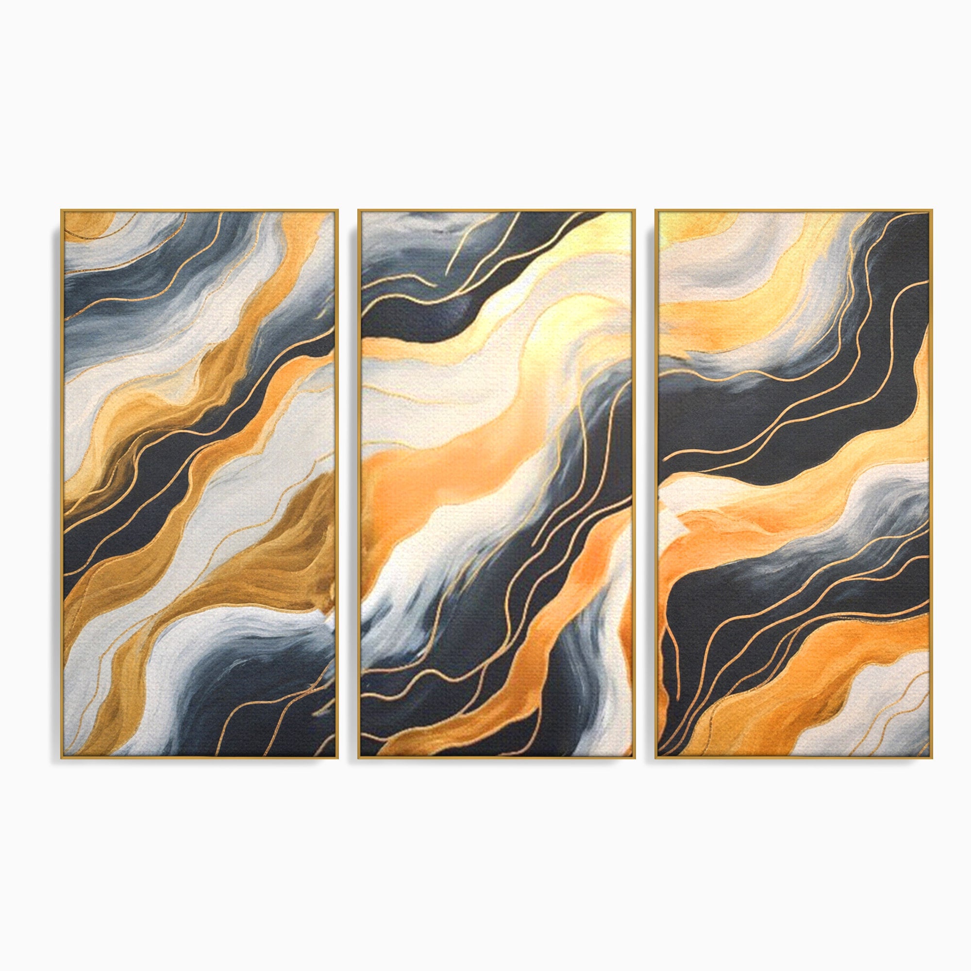 Set 3 Tablouri Canvas Premium LuxCanva® A3-1653, Valuri Aurii, Room, Decorativ, Cromatic, Abstract, Living, Culori Vibrante