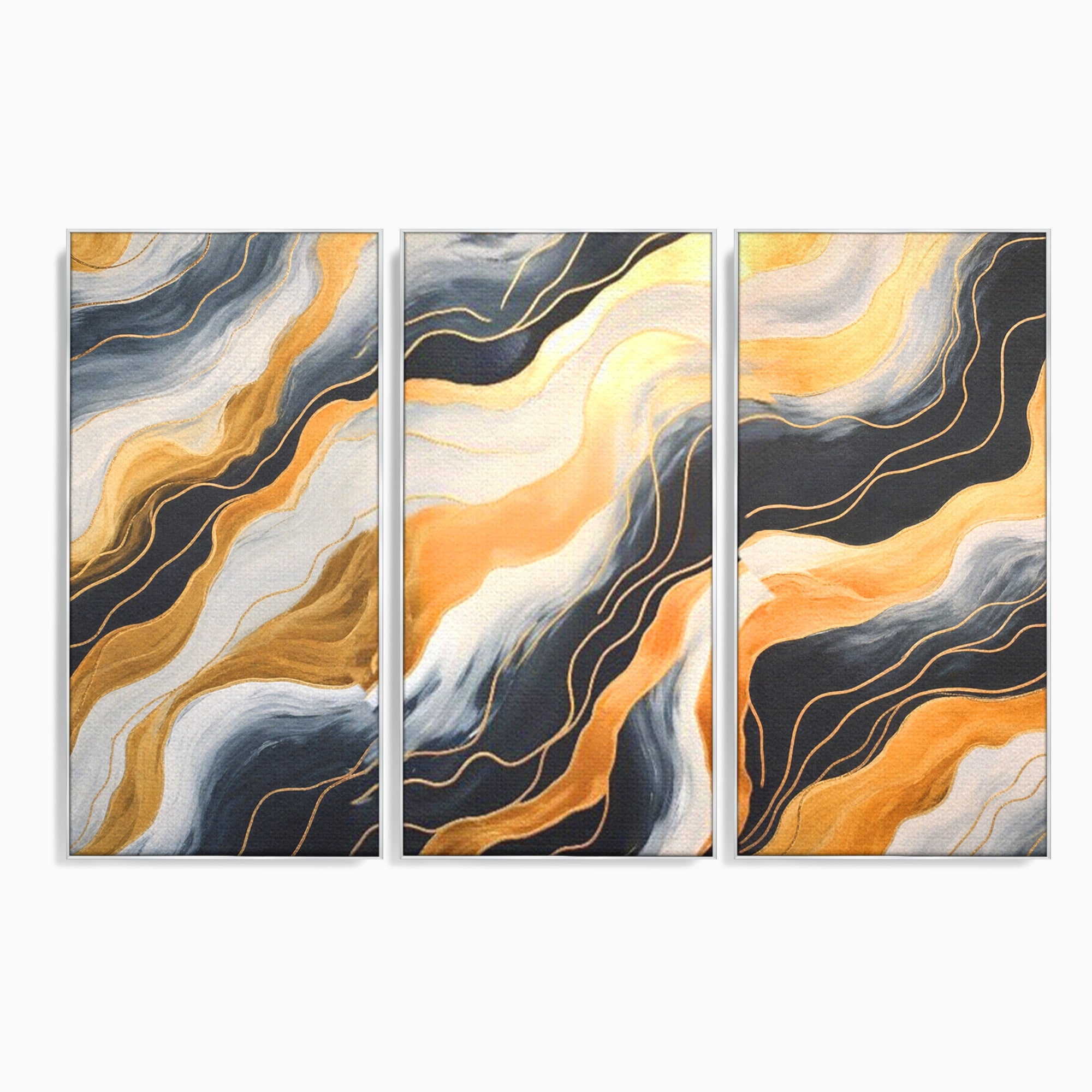 Set 3 Tablouri Canvas Premium LuxCanva® A3-1653, Valuri Aurii, Room, Decorativ, Cromatic, Abstract, Living, Culori Vibrante