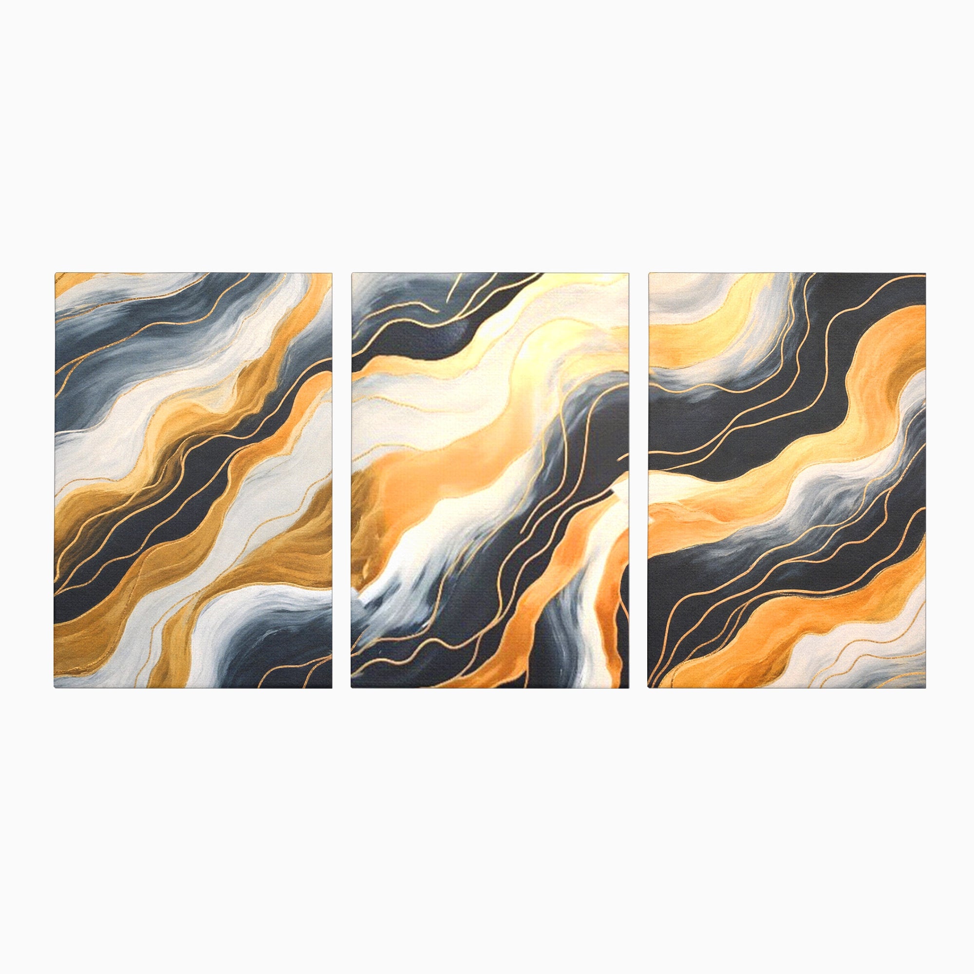 Set 3 Tablouri Canvas Premium LuxCanva® A3-1653, Valuri Aurii, Room, Decorativ, Cromatic, Abstract, Living, Culori Vibrante