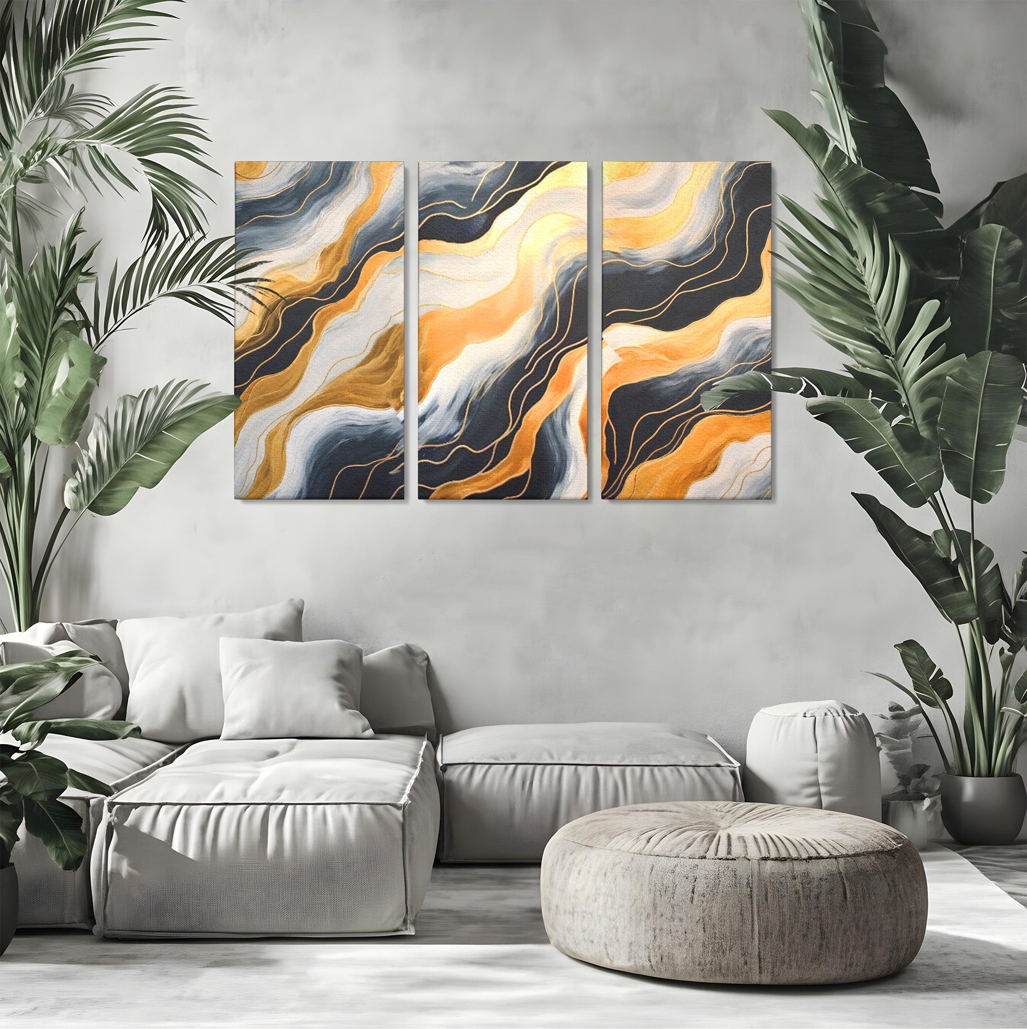 Set 3 Tablouri Canvas Premium LuxCanva® A3-1653, Valuri Aurii, Room, Decorativ, Cromatic, Abstract, Living, Culori Vibrante