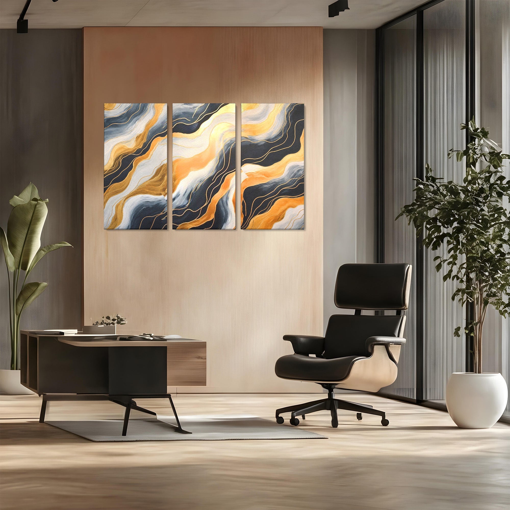 Set 3 Tablouri Canvas Premium LuxCanva® A3-1653, Valuri Aurii, Room, Decorativ, Cromatic, Abstract, Living, Culori Vibrante
