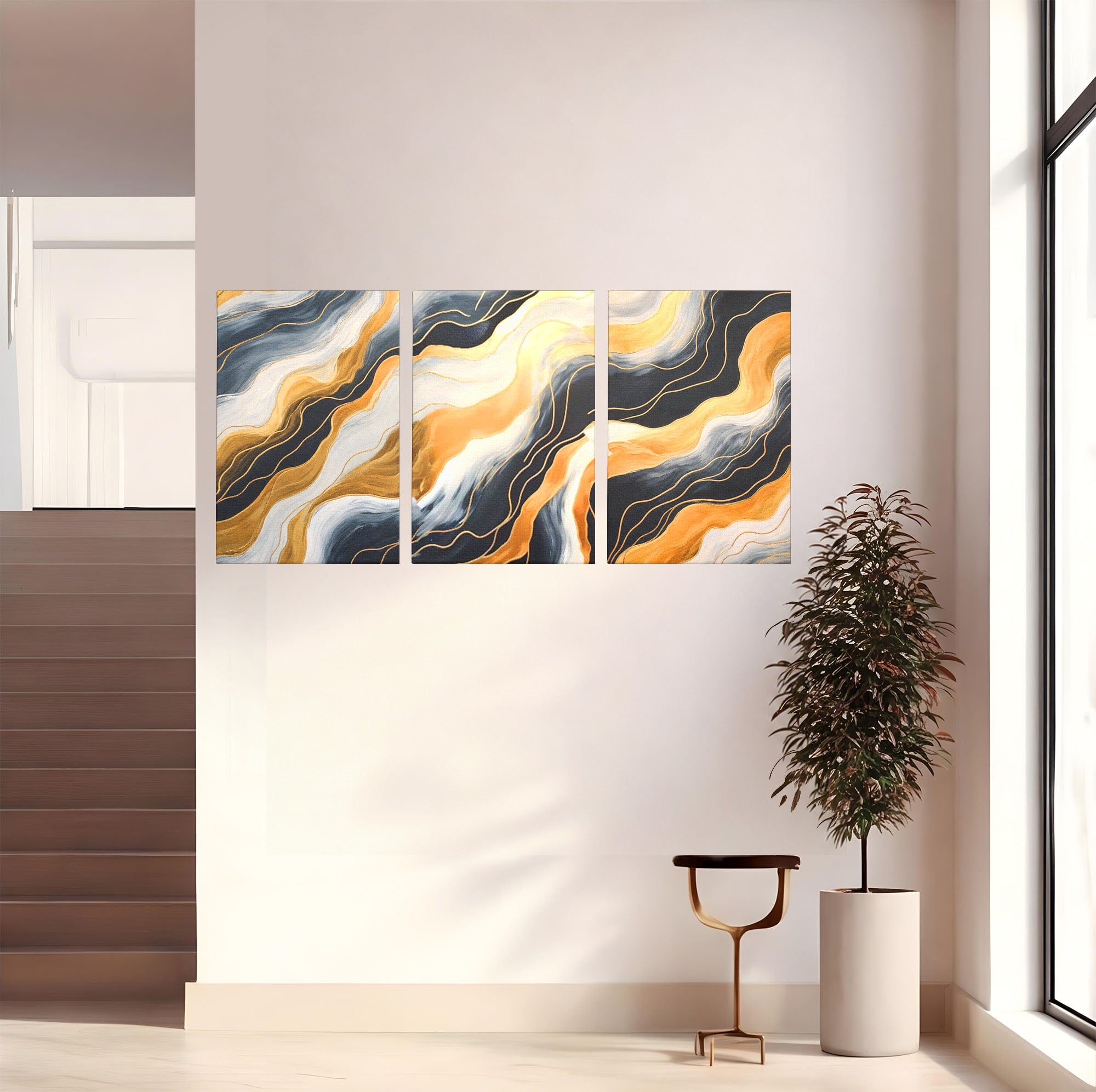 Set 3 Tablouri Canvas Premium LuxCanva® A3-1653, Valuri Aurii, Room, Decorativ, Cromatic, Abstract, Living, Culori Vibrante