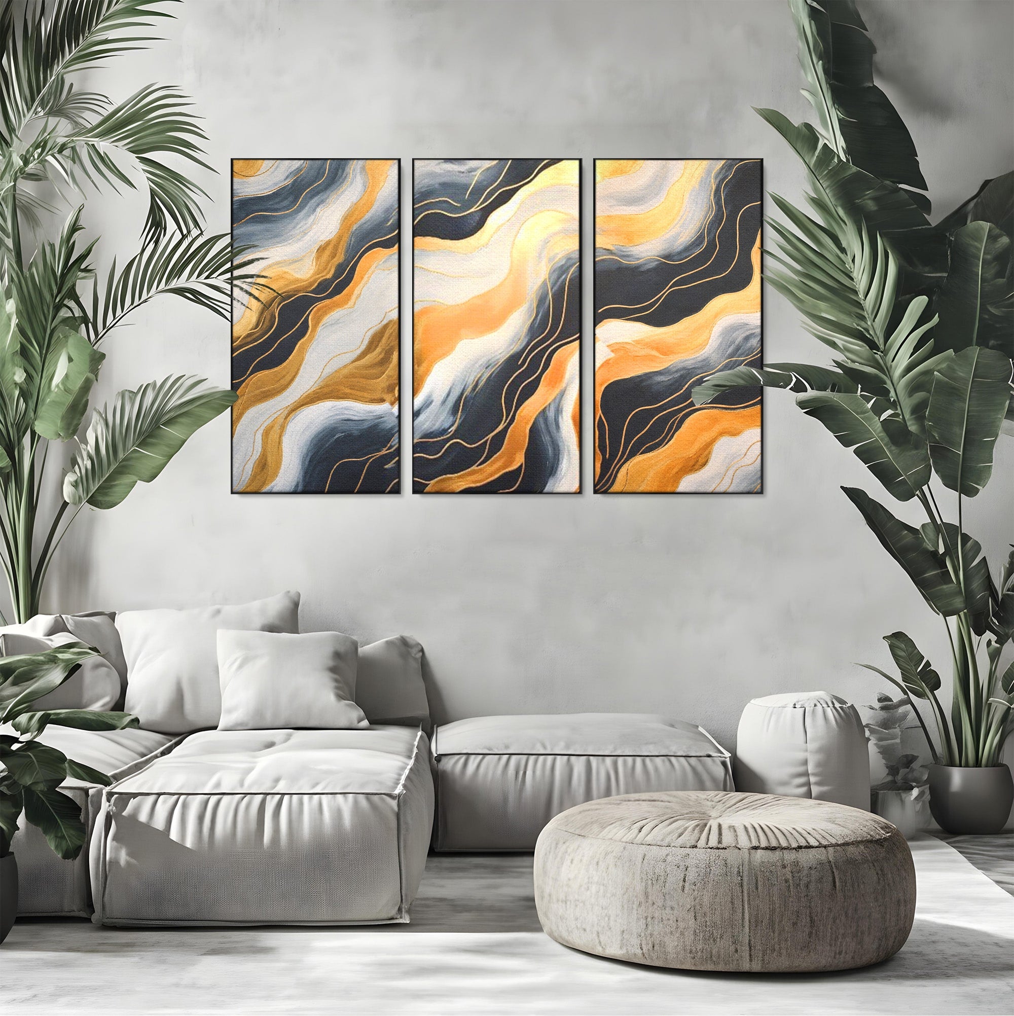 Set 3 Tablouri Canvas Premium LuxCanva® A3-1653, Valuri Aurii, Room, Decorativ, Cromatic, Abstract, Living, Culori Vibrante