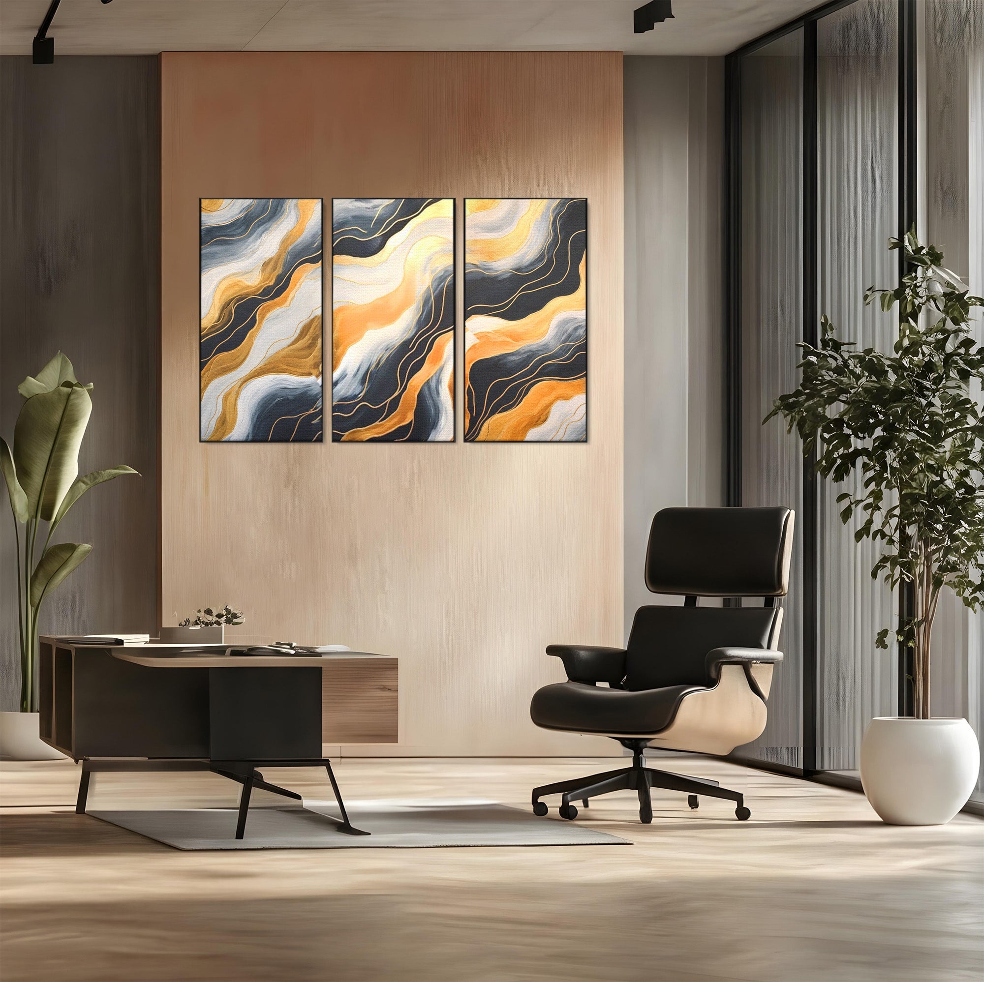 Set 3 Tablouri Canvas Premium LuxCanva® A3-1653, Valuri Aurii, Room, Decorativ, Cromatic, Abstract, Living, Culori Vibrante