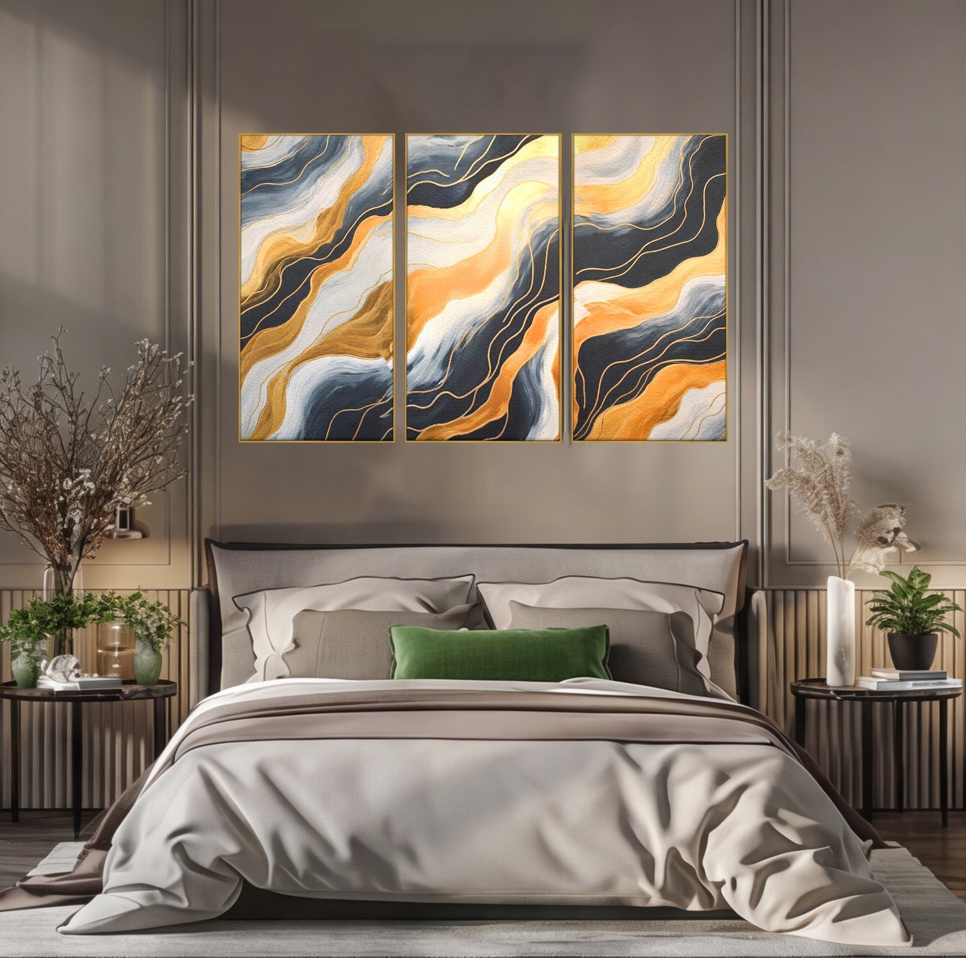 Set 3 Tablouri Canvas Premium LuxCanva® A3-1653, Valuri Aurii, Room, Decorativ, Cromatic, Abstract, Living, Culori Vibrante