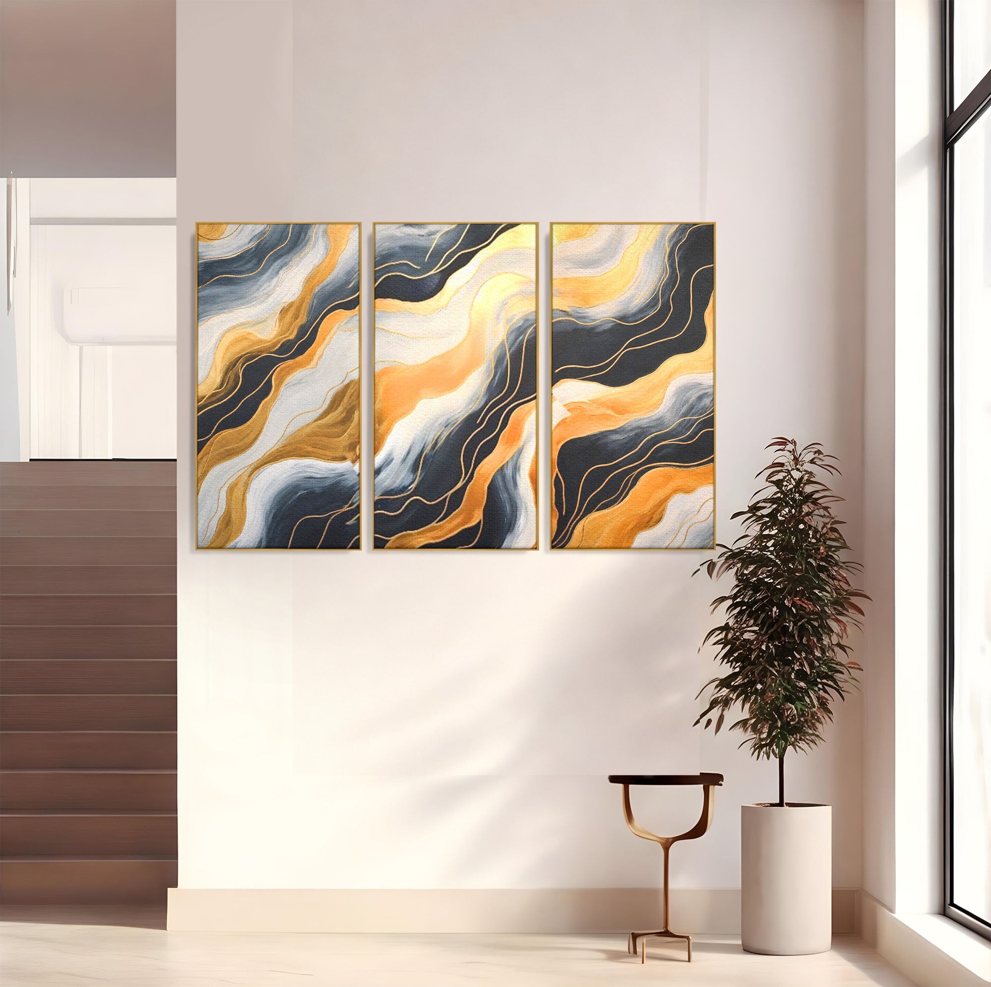 Set 3 Tablouri Canvas Premium LuxCanva® A3-1653, Valuri Aurii, Room, Decorativ, Cromatic, Abstract, Living, Culori Vibrante