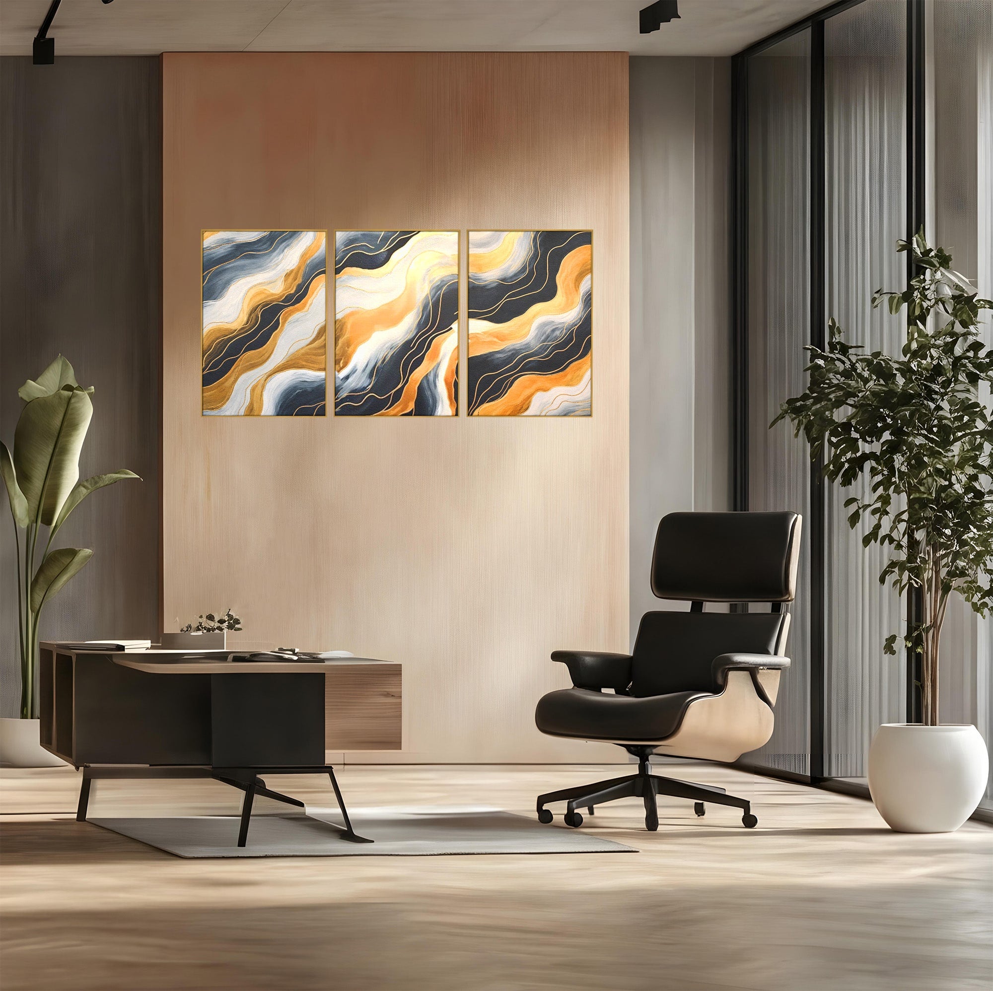 Set 3 Tablouri Canvas Premium LuxCanva® A3-1653, Valuri Aurii, Room, Decorativ, Cromatic, Abstract, Living, Culori Vibrante