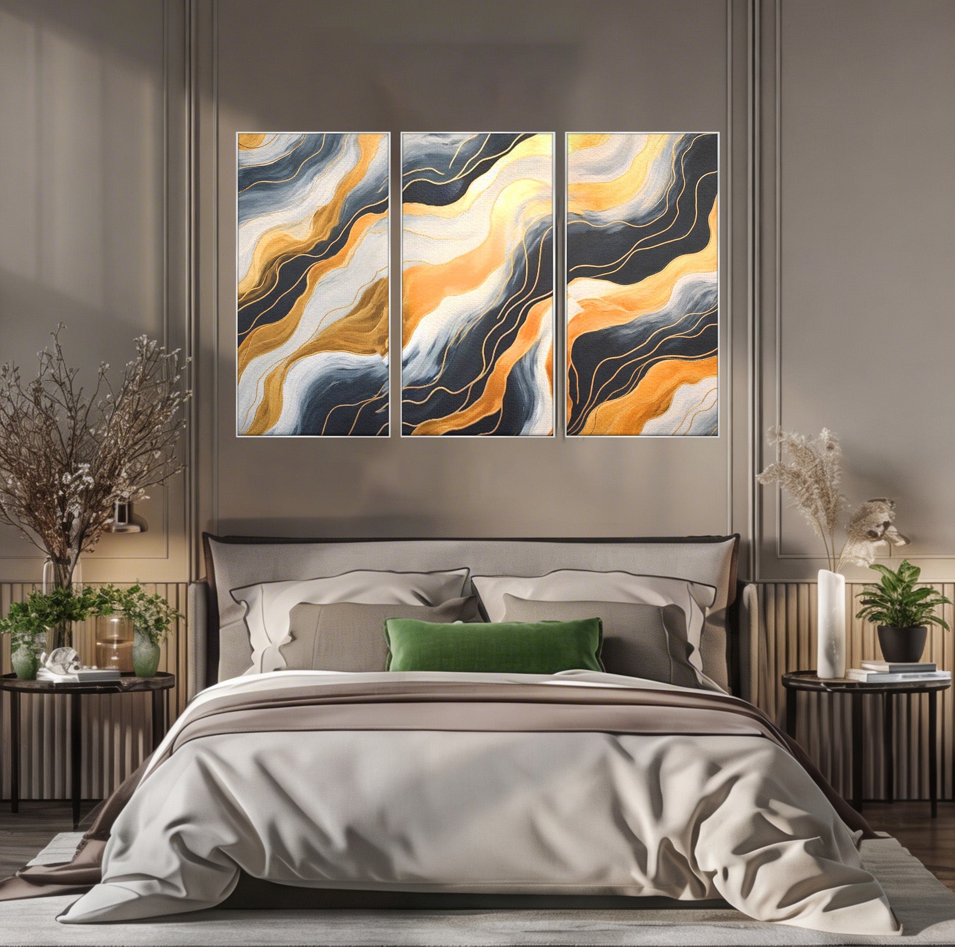 Set 3 Tablouri Canvas Premium LuxCanva® A3-1653, Valuri Aurii, Room, Decorativ, Cromatic, Abstract, Living, Culori Vibrante