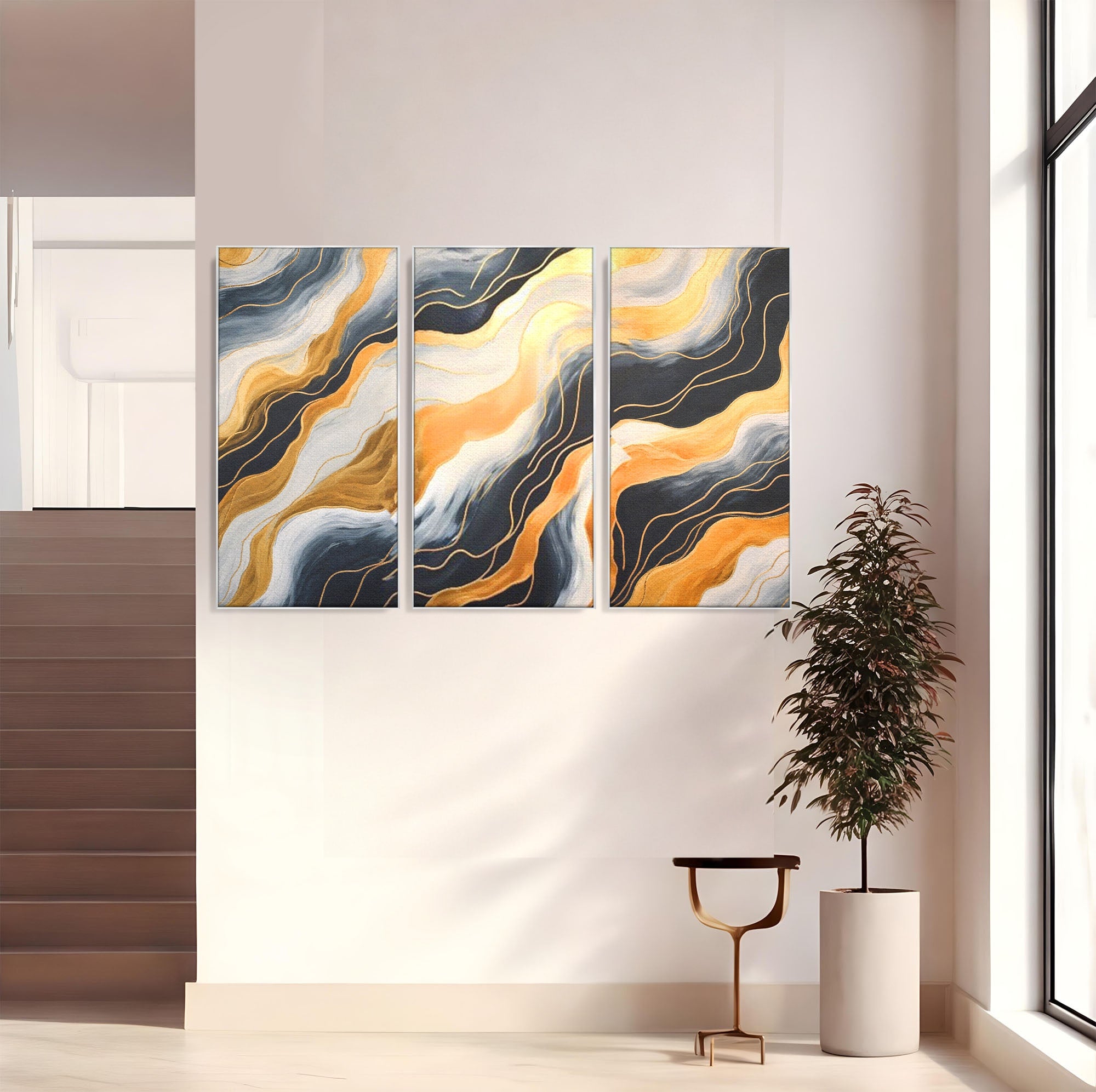 Set 3 Tablouri Canvas Premium LuxCanva® A3-1653, Valuri Aurii, Room, Decorativ, Cromatic, Abstract, Living, Culori Vibrante