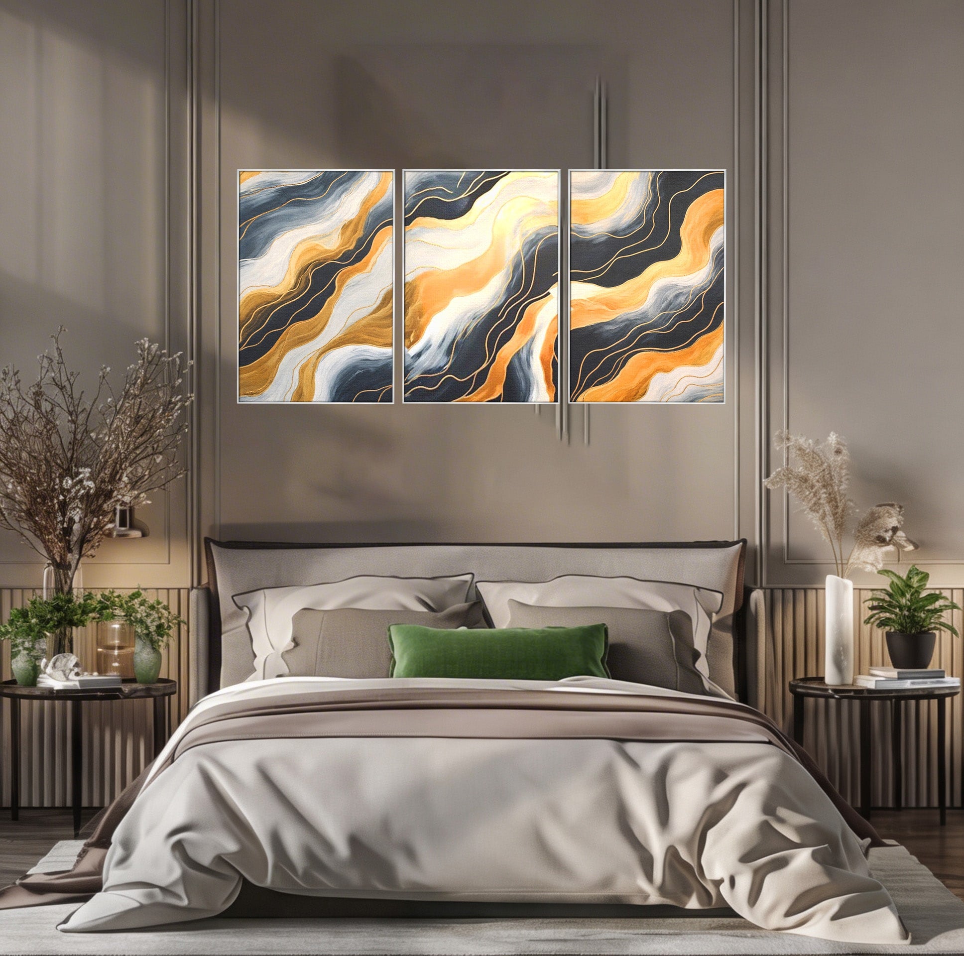 Set 3 Tablouri Canvas Premium LuxCanva® A3-1653, Valuri Aurii, Room, Decorativ, Cromatic, Abstract, Living, Culori Vibrante