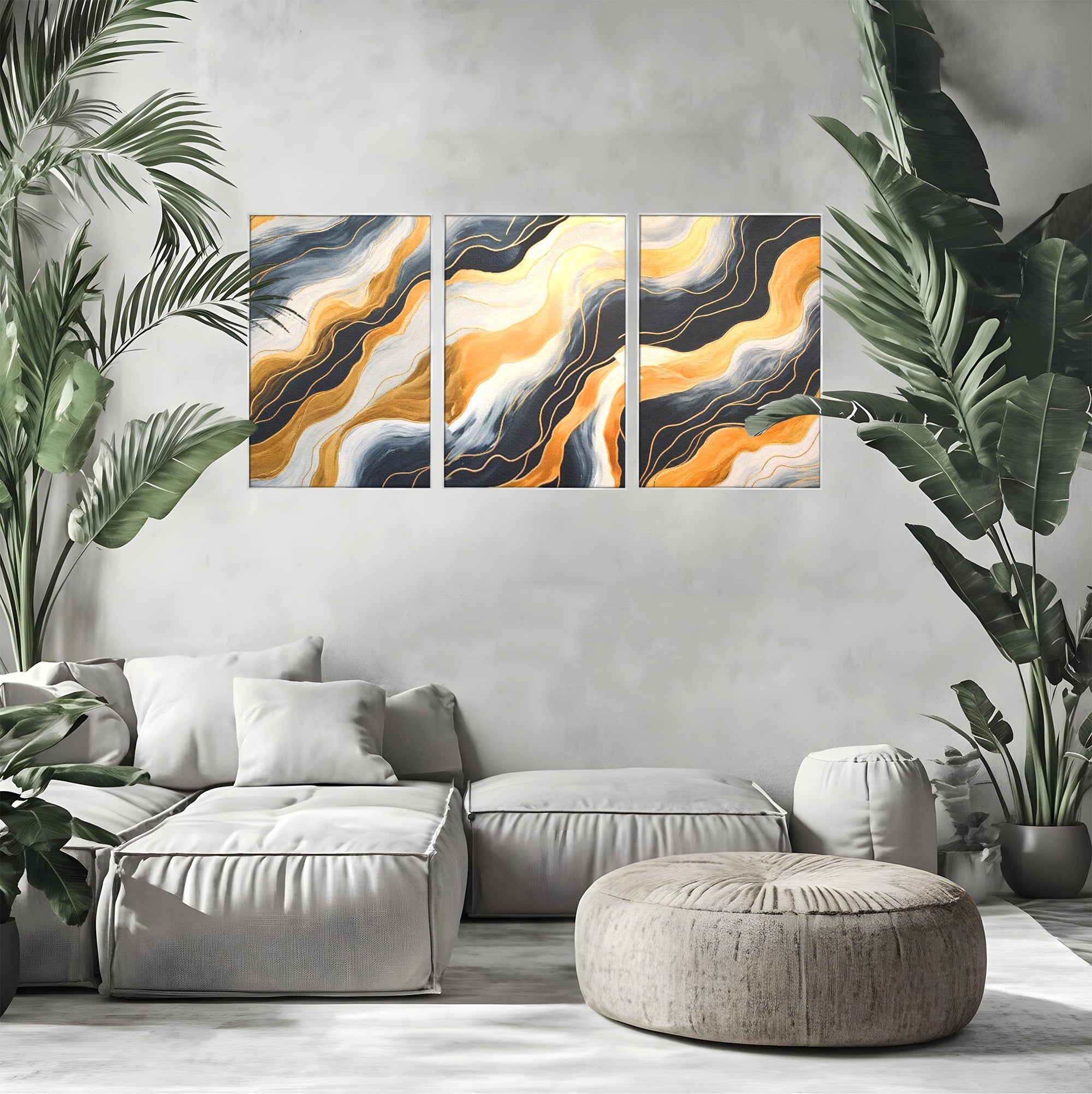 Set 3 Tablouri Canvas Premium LuxCanva® A3-1653, Valuri Aurii, Room, Decorativ, Cromatic, Abstract, Living, Culori Vibrante
