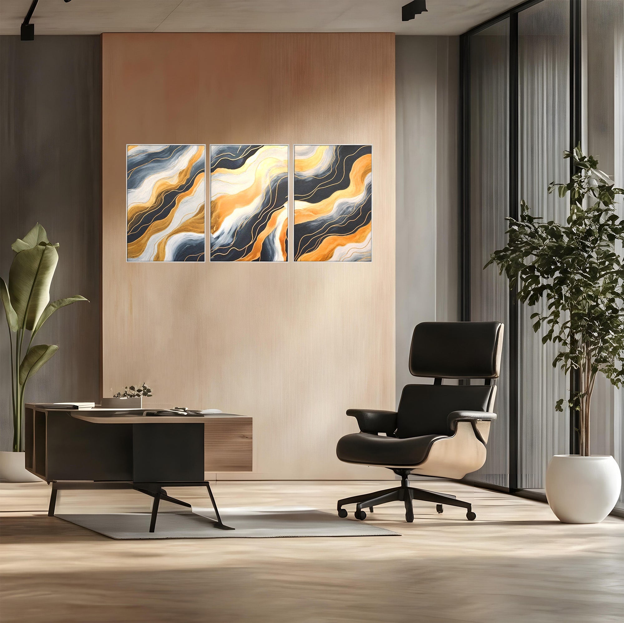 Set 3 Tablouri Canvas Premium LuxCanva® A3-1653, Valuri Aurii, Room, Decorativ, Cromatic, Abstract, Living, Culori Vibrante