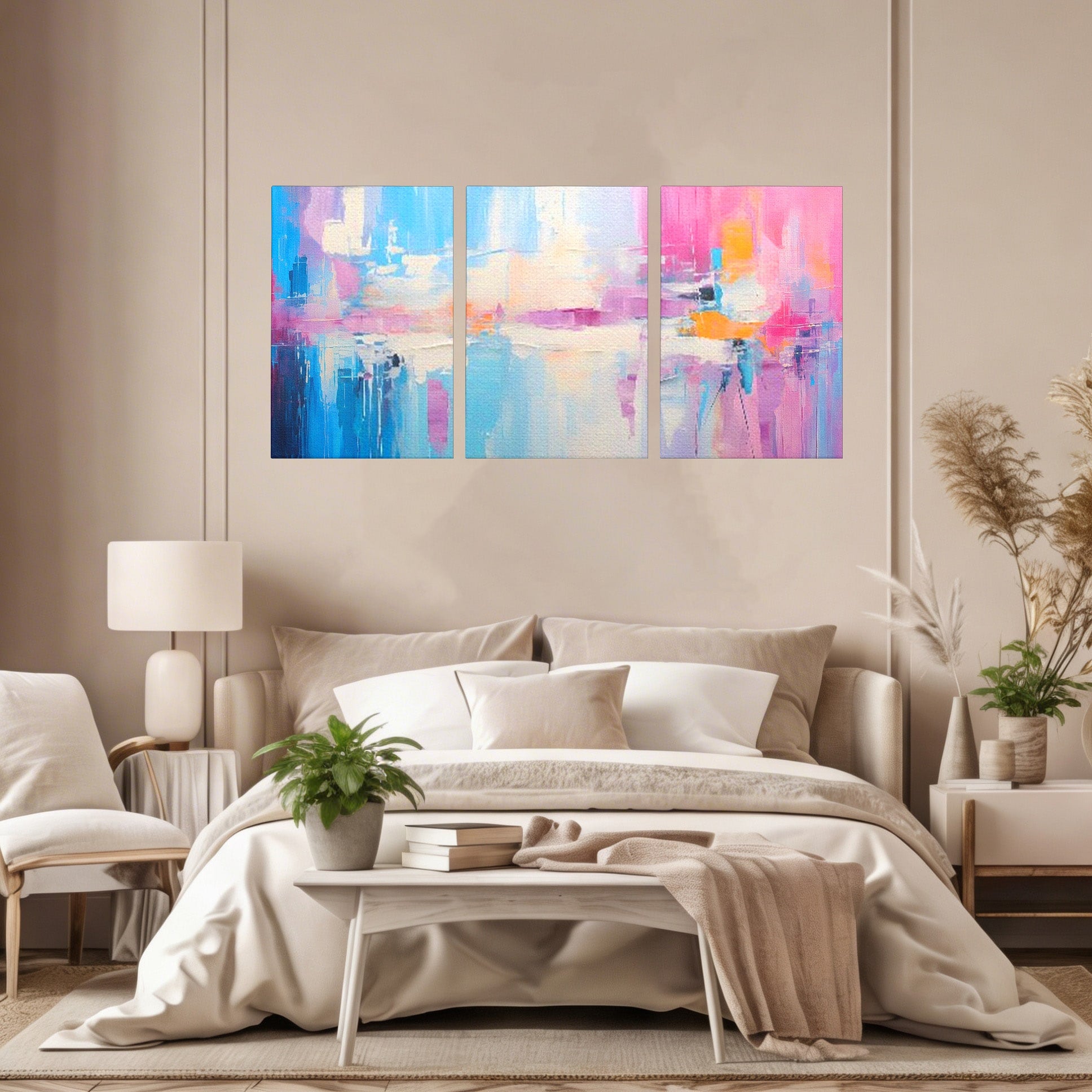 Set 3 Tablouri Canvas Premium LuxCanva® A3-1655, Pink Life, Room, Decorativ, Abstract, Nuante, Cromatic, Living, Culori Vibrante