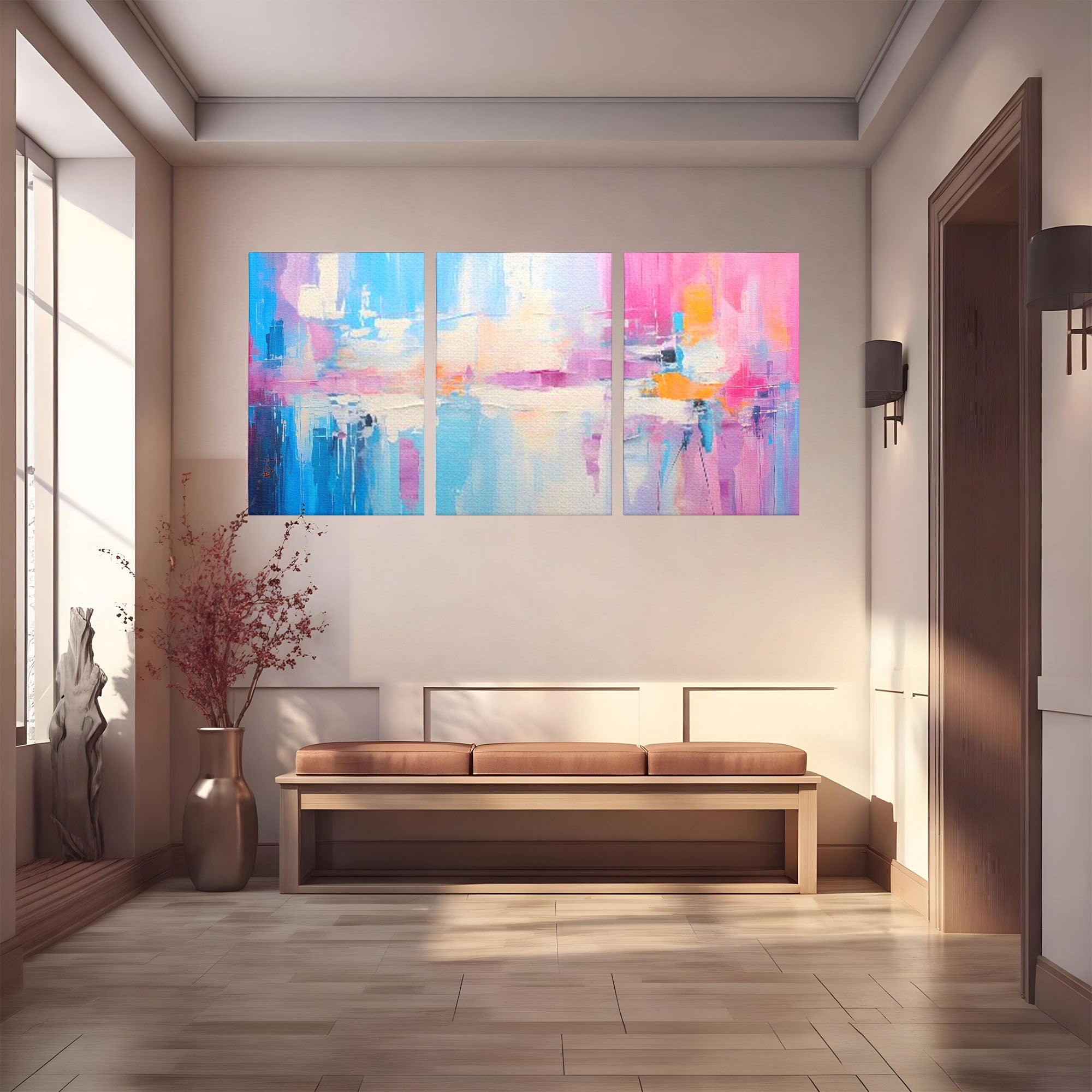 Set 3 Tablouri Canvas Premium LuxCanva® A3-1655, Pink Life, Room, Decorativ, Abstract, Nuante, Cromatic, Living, Culori Vibrante