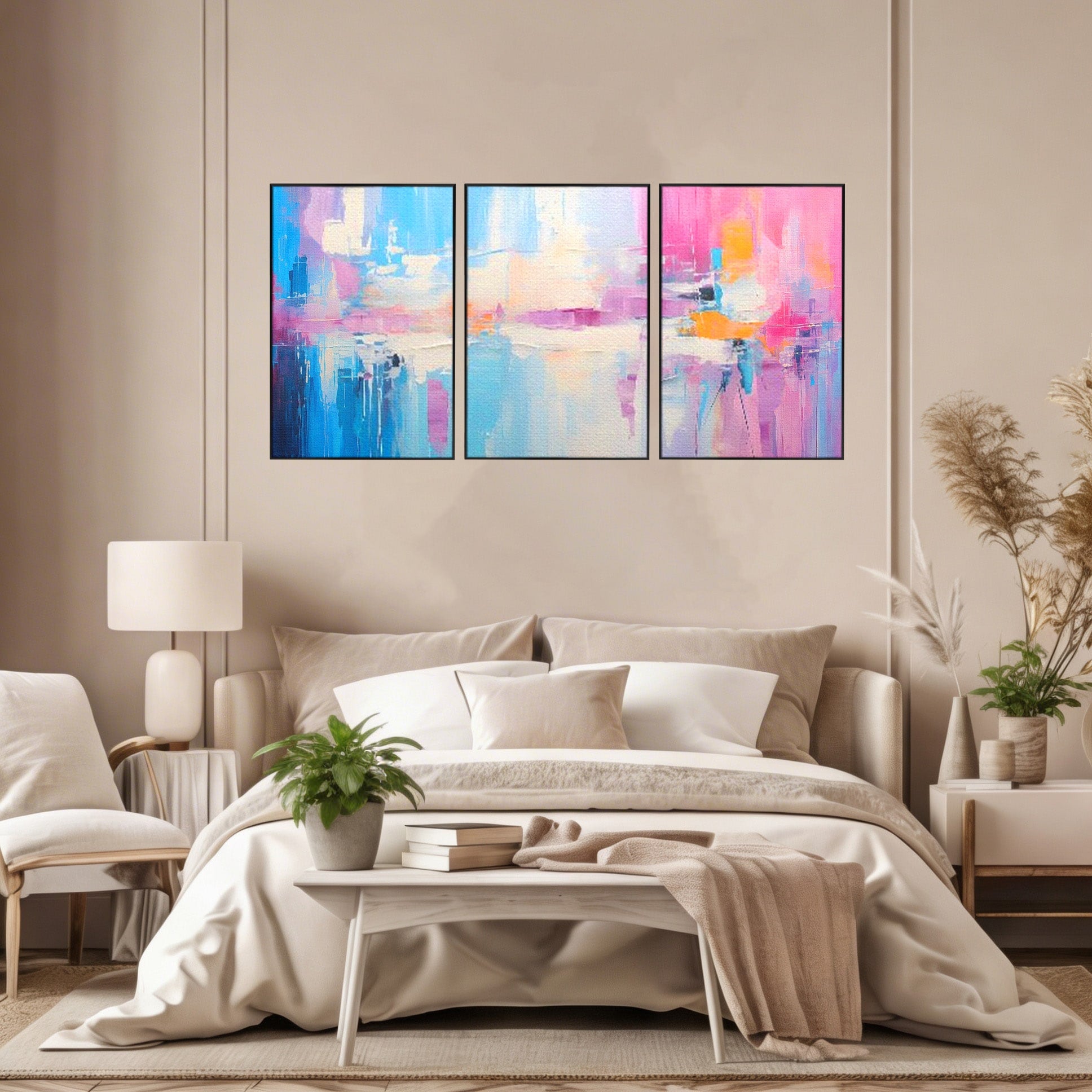 Set 3 Tablouri Canvas Premium LuxCanva® A3-1655, Pink Life, Room, Decorativ, Abstract, Nuante, Cromatic, Living, Culori Vibrante