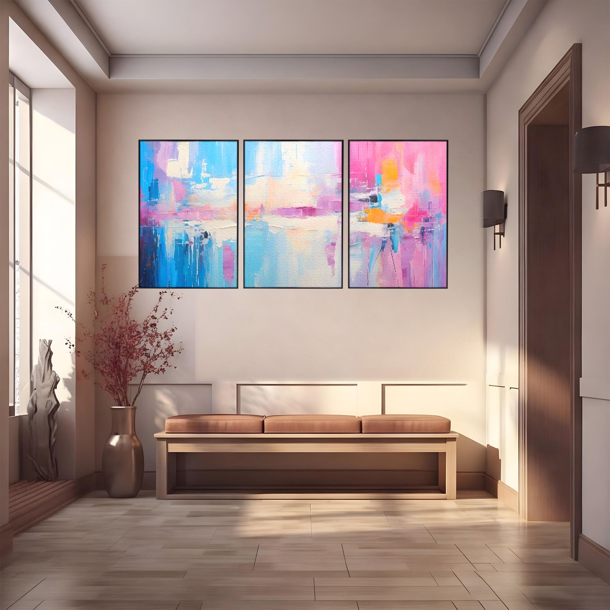 Set 3 Tablouri Canvas Premium LuxCanva® A3-1655, Pink Life, Room, Decorativ, Abstract, Nuante, Cromatic, Living, Culori Vibrante