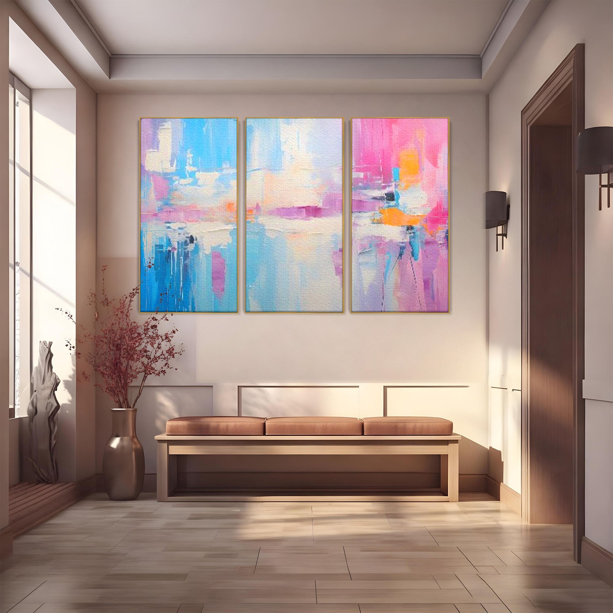 Set 3 Tablouri Canvas Premium LuxCanva® A3-1655, Pink Life, Room, Decorativ, Abstract, Nuante, Cromatic, Living, Culori Vibrante