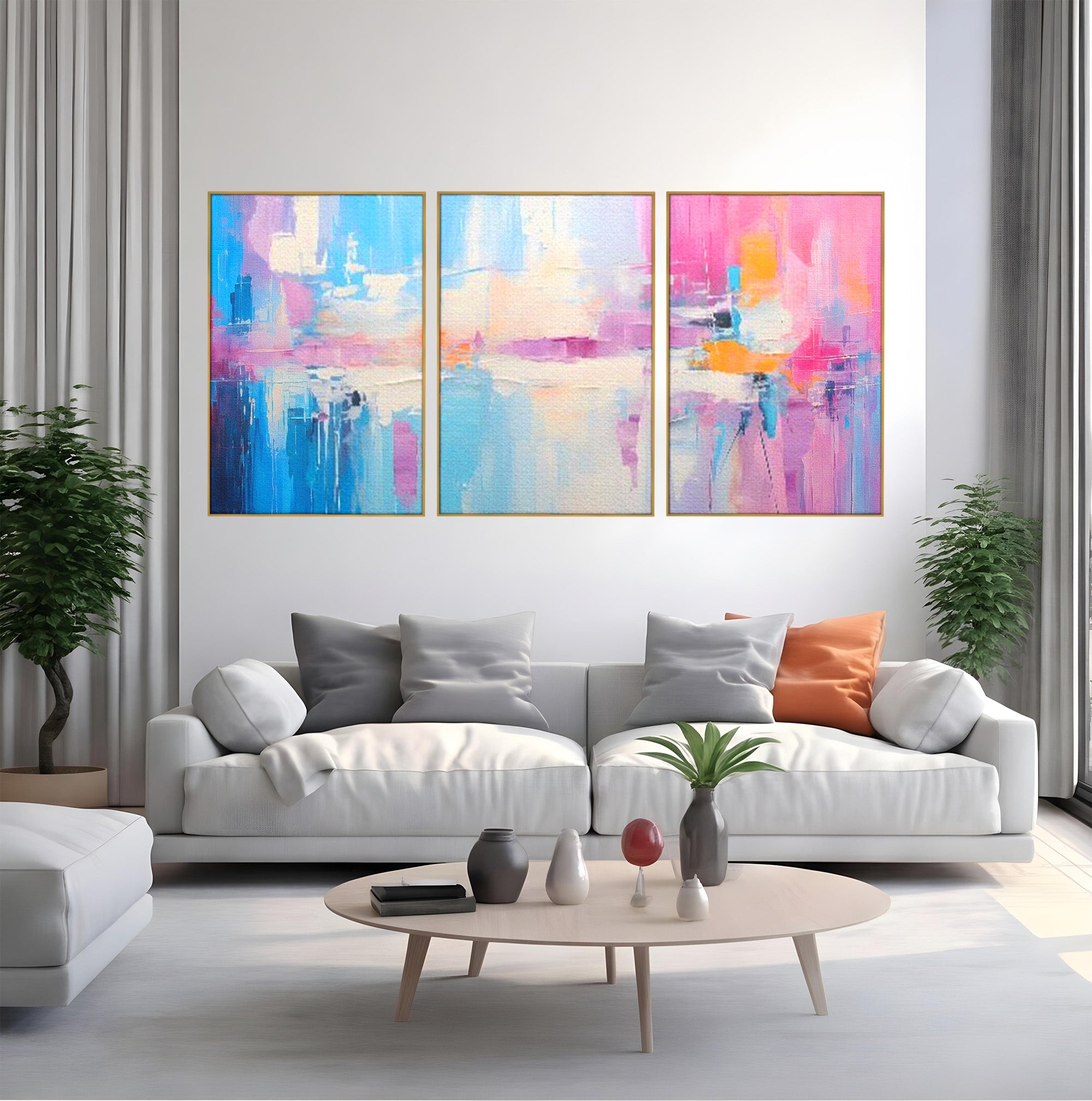 Set 3 Tablouri Canvas Premium LuxCanva® A3-1655, Pink Life, Room, Decorativ, Abstract, Nuante, Cromatic, Living, Culori Vibrante