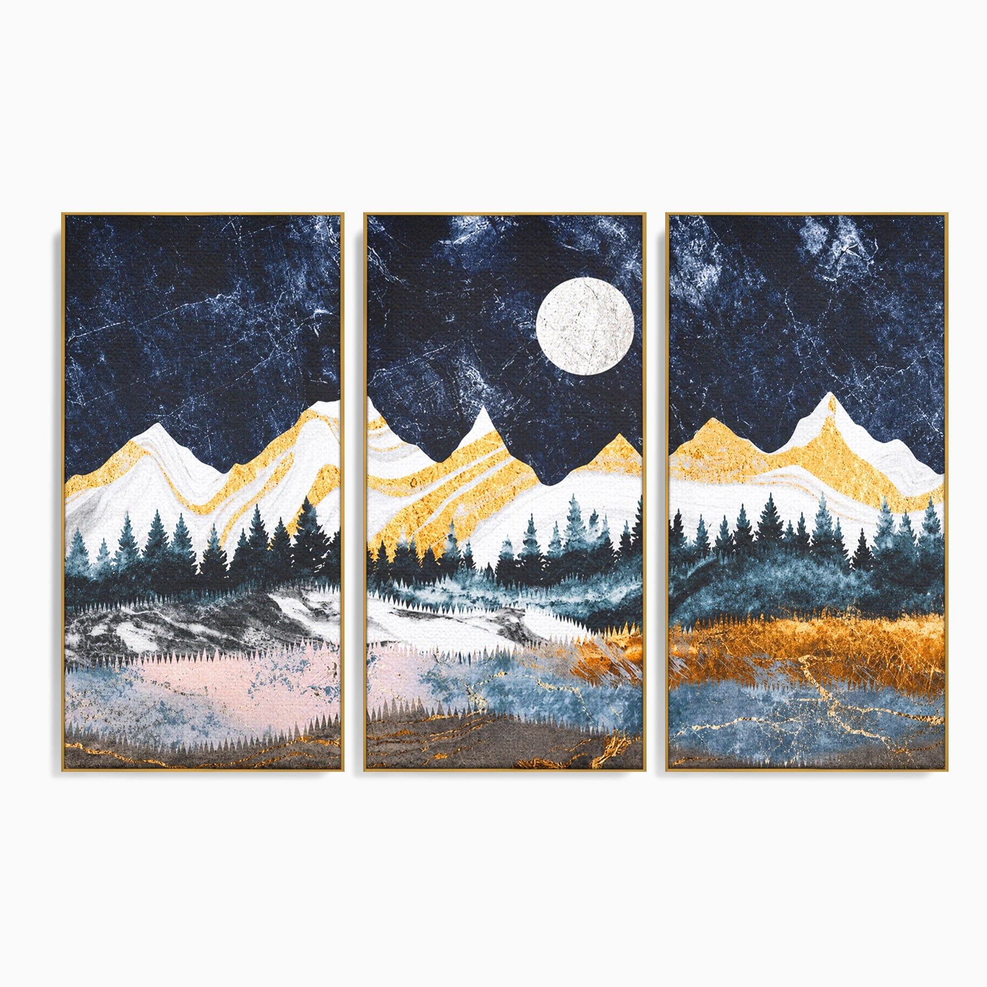 Set 3 Tablouri Canvas Premium LuxCanva® A3-1752, Peisaj Montan Nocturn, Peisaj, Munti, Luna, Noapte, Natura, Living, Dormitor, Culori Vibrante
