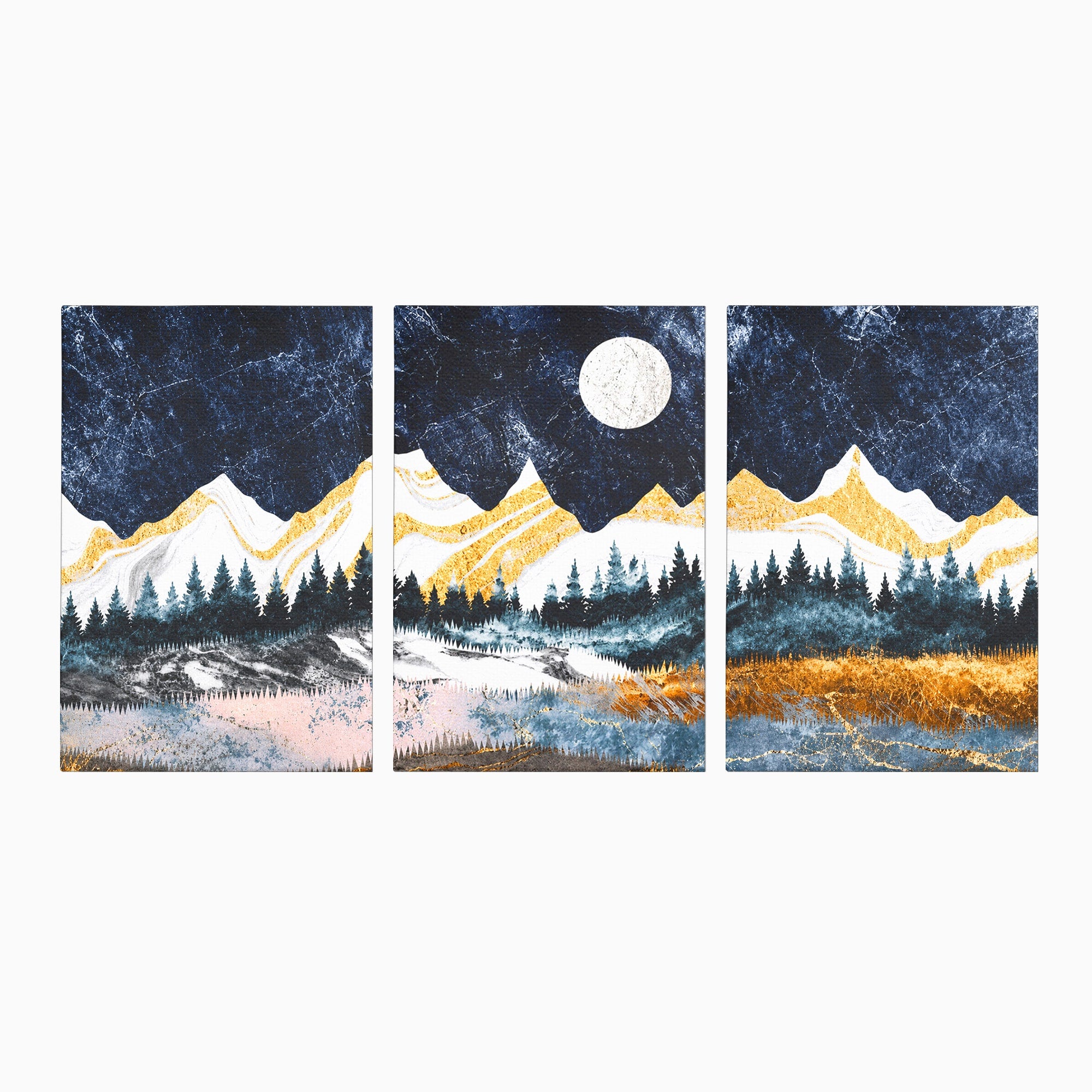Set 3 Tablouri Canvas Premium LuxCanva® A3-1752, Peisaj Montan Nocturn, Peisaj, Munti, Luna, Noapte, Natura, Living, Dormitor, Culori Vibrante