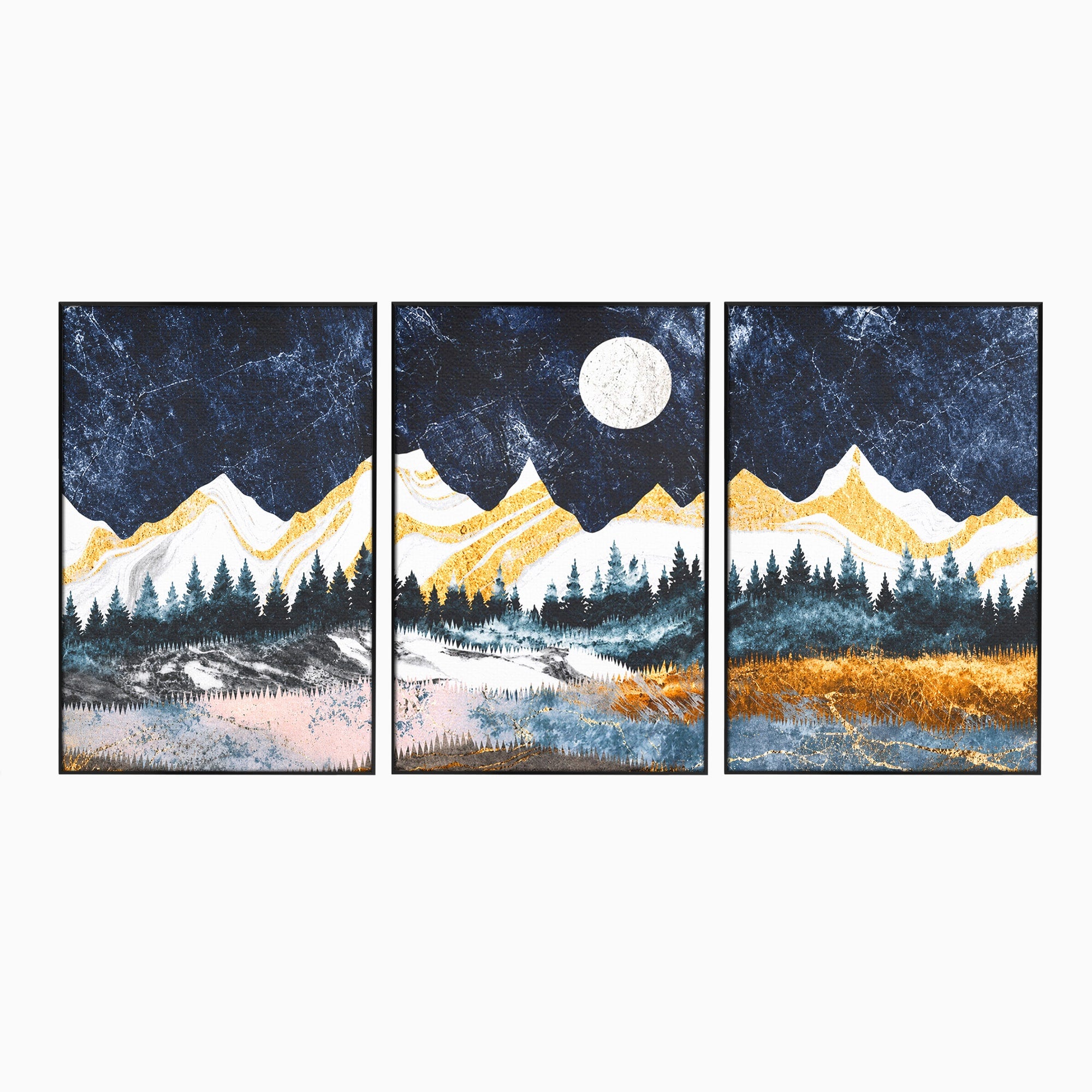Set 3 Tablouri Canvas Premium LuxCanva® A3-1752, Peisaj Montan Nocturn, Peisaj, Munti, Luna, Noapte, Natura, Living, Dormitor, Culori Vibrante