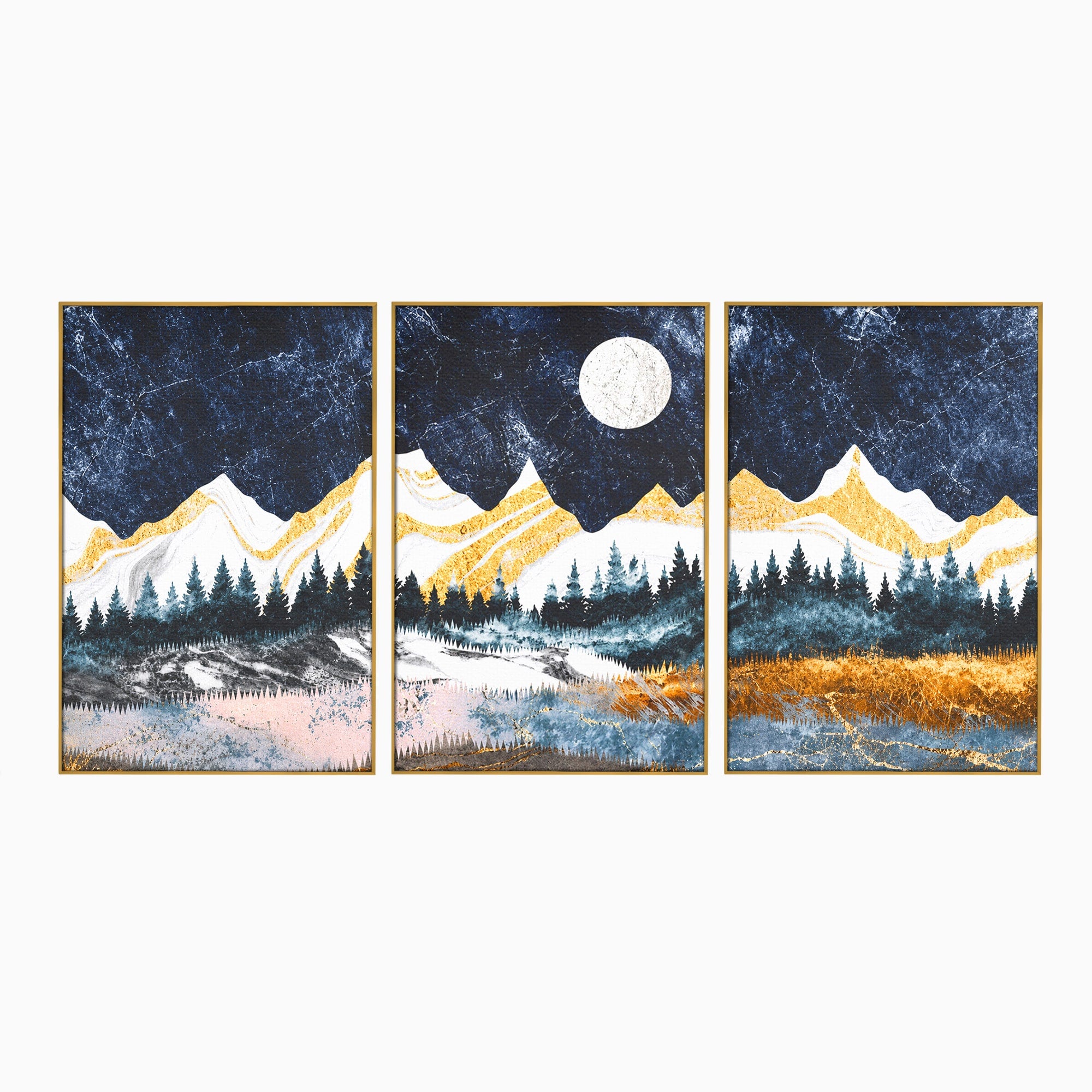 Set 3 Tablouri Canvas Premium LuxCanva® A3-1752, Peisaj Montan Nocturn, Peisaj, Munti, Luna, Noapte, Natura, Living, Dormitor, Culori Vibrante