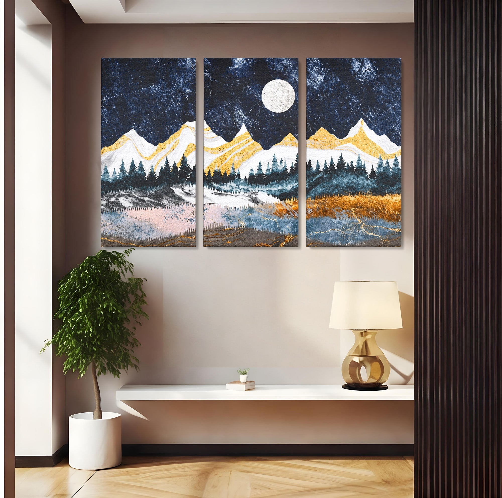 Set 3 Tablouri Canvas Premium LuxCanva® A3-1752, Peisaj Montan Nocturn, Peisaj, Munti, Luna, Noapte, Natura, Living, Dormitor, Culori Vibrante