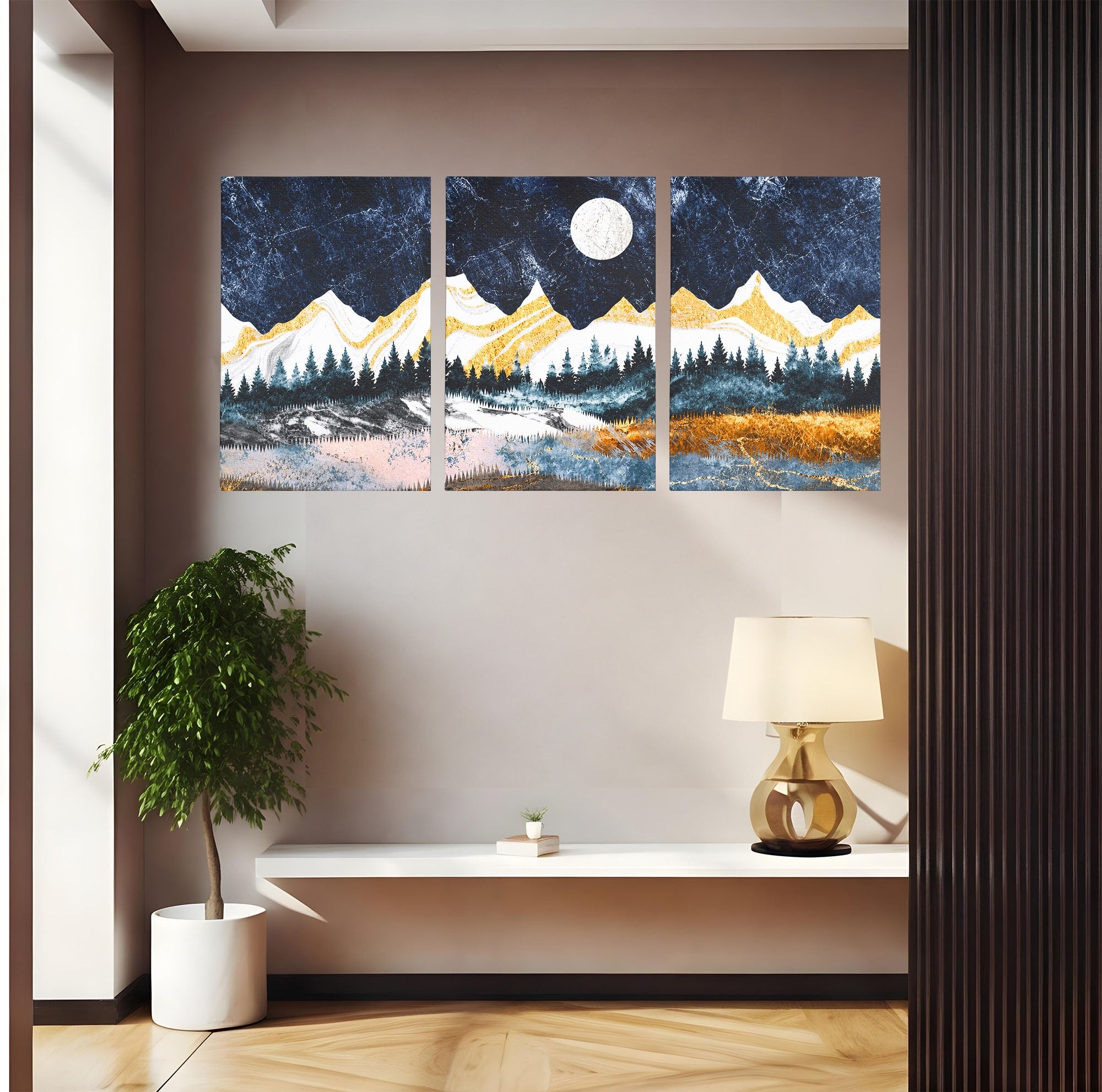 Set 3 Tablouri Canvas Premium LuxCanva® A3-1752, Peisaj Montan Nocturn, Peisaj, Munti, Luna, Noapte, Natura, Living, Dormitor, Culori Vibrante