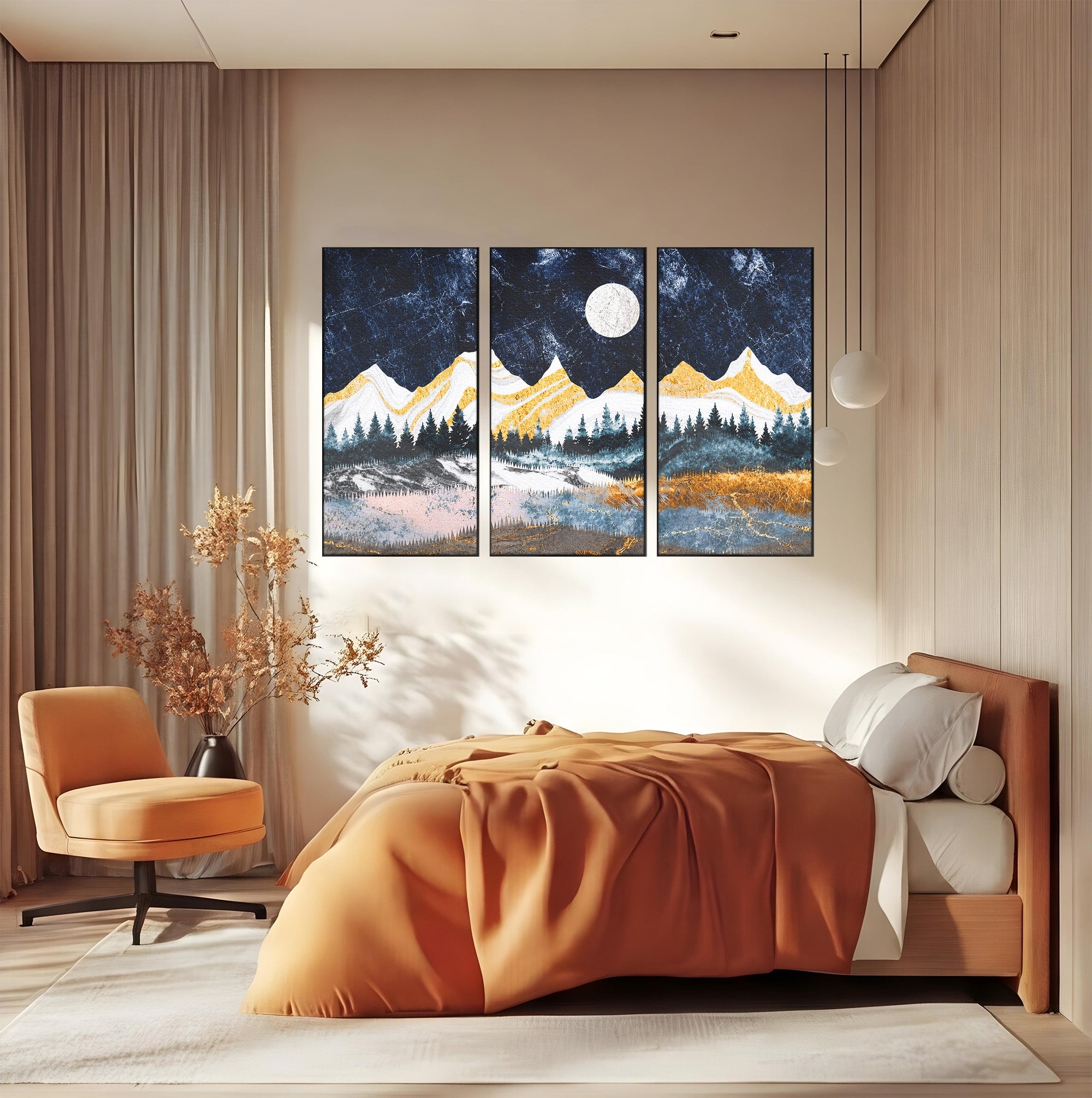 Set 3 Tablouri Canvas Premium LuxCanva® A3-1752, Peisaj Montan Nocturn, Peisaj, Munti, Luna, Noapte, Natura, Living, Dormitor, Culori Vibrante
