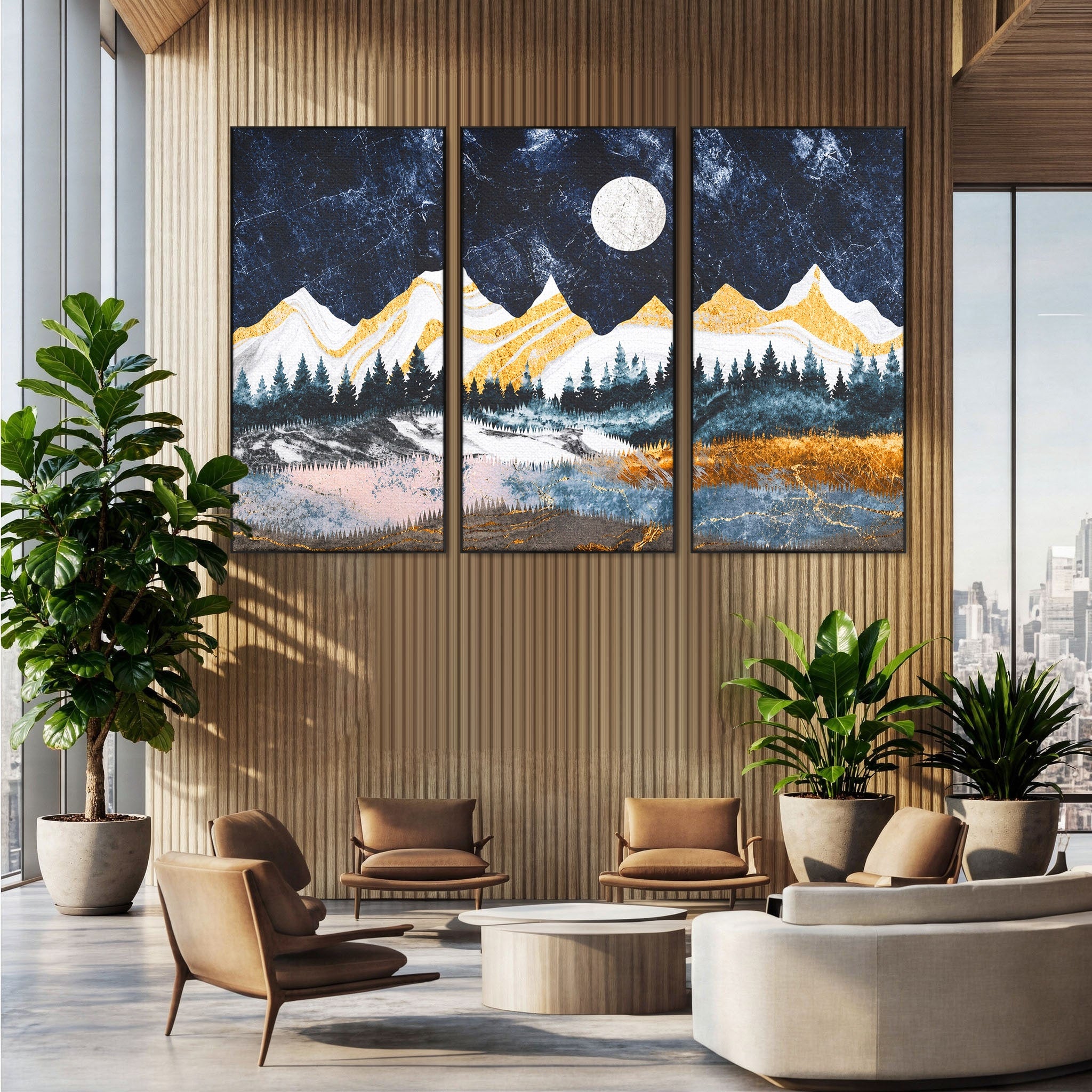 Set 3 Tablouri Canvas Premium LuxCanva® A3-1752, Peisaj Montan Nocturn, Peisaj, Munti, Luna, Noapte, Natura, Living, Dormitor, Culori Vibrante