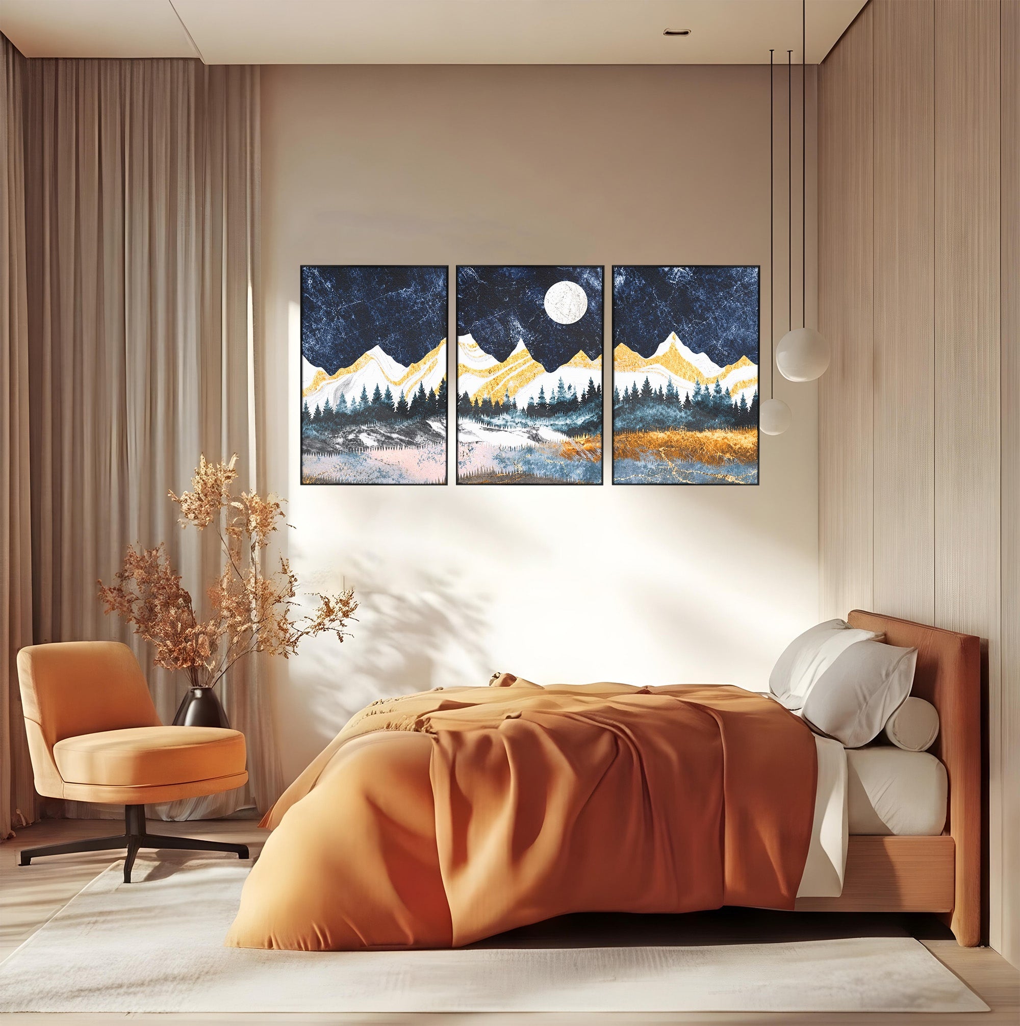 Set 3 Tablouri Canvas Premium LuxCanva® A3-1752, Peisaj Montan Nocturn, Peisaj, Munti, Luna, Noapte, Natura, Living, Dormitor, Culori Vibrante