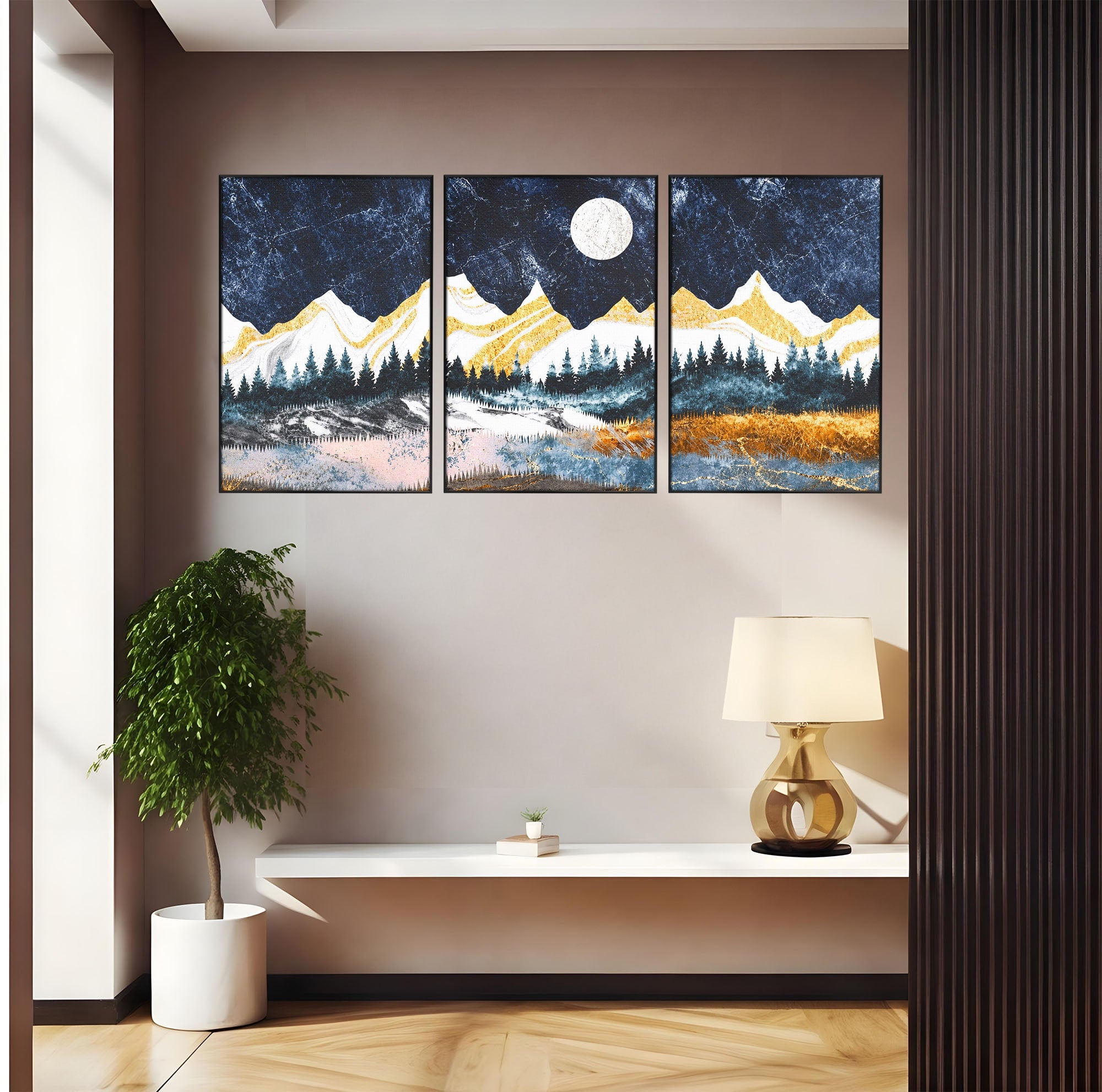Set 3 Tablouri Canvas Premium LuxCanva® A3-1752, Peisaj Montan Nocturn, Peisaj, Munti, Luna, Noapte, Natura, Living, Dormitor, Culori Vibrante