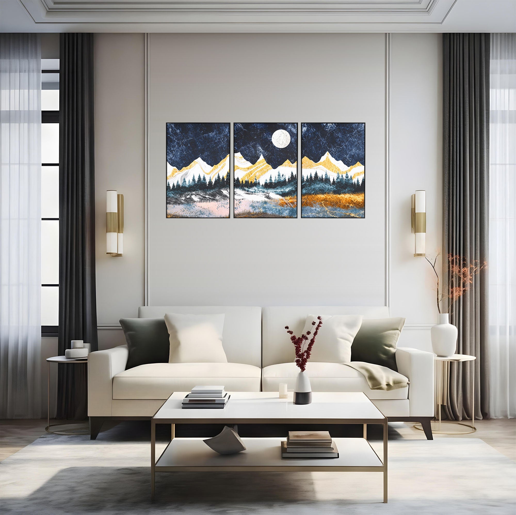 Set 3 Tablouri Canvas Premium LuxCanva® A3-1752, Peisaj Montan Nocturn, Peisaj, Munti, Luna, Noapte, Natura, Living, Dormitor, Culori Vibrante