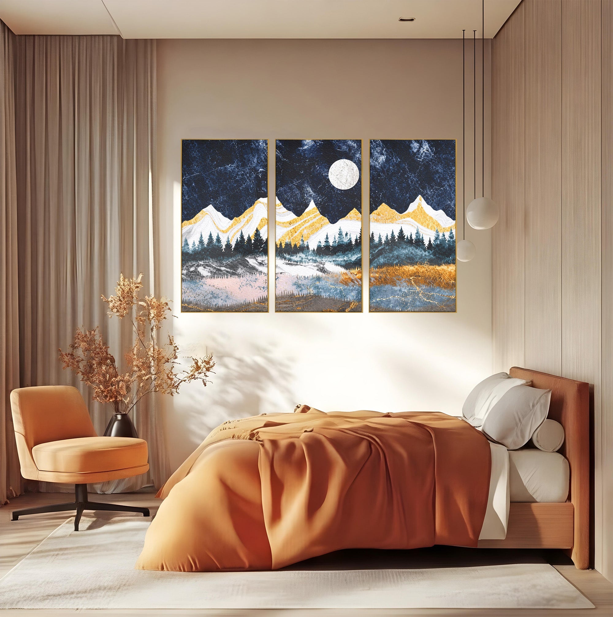 Set 3 Tablouri Canvas Premium LuxCanva® A3-1752, Peisaj Montan Nocturn, Peisaj, Munti, Luna, Noapte, Natura, Living, Dormitor, Culori Vibrante