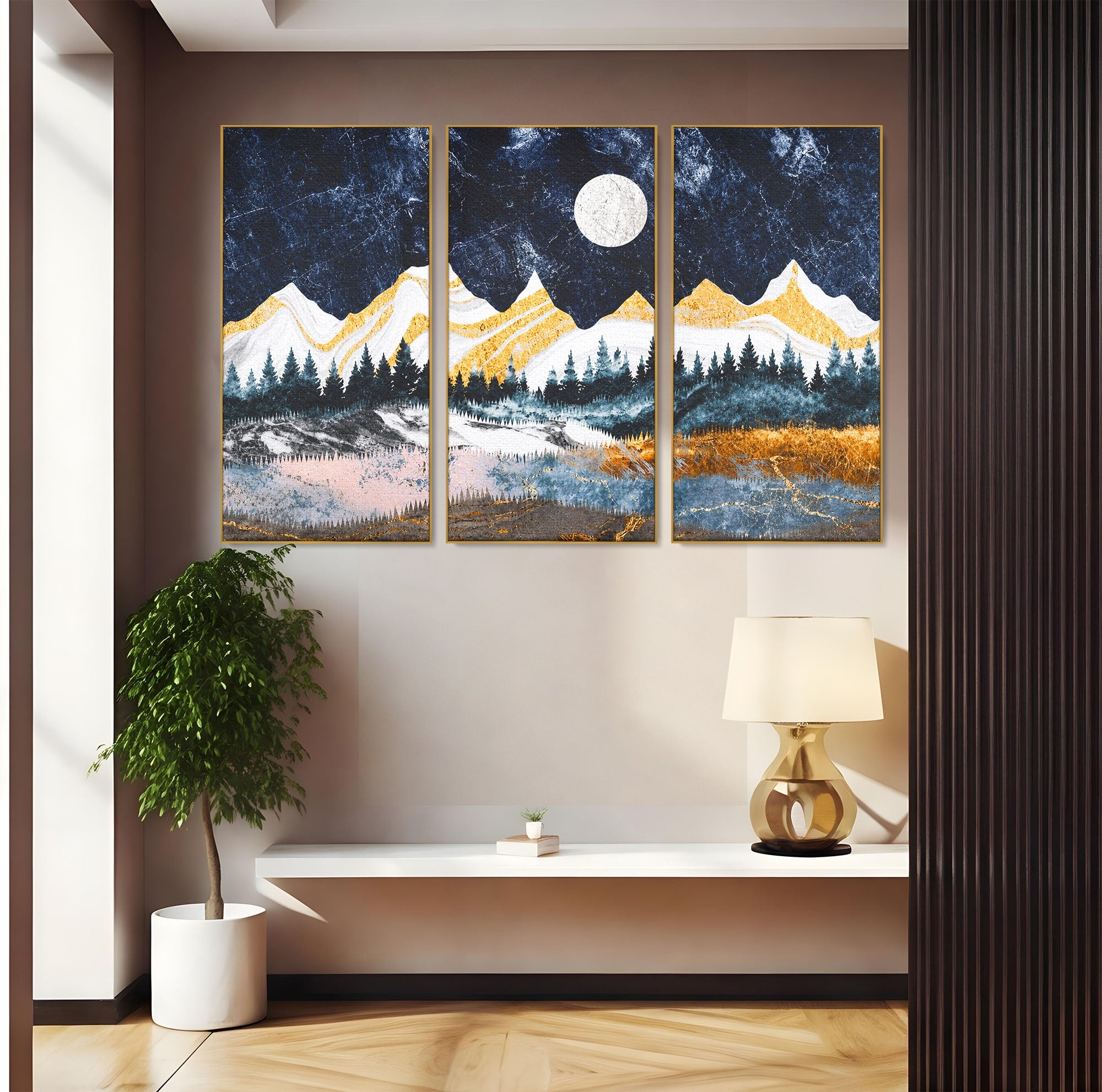 Set 3 Tablouri Canvas Premium LuxCanva® A3-1752, Peisaj Montan Nocturn, Peisaj, Munti, Luna, Noapte, Natura, Living, Dormitor, Culori Vibrante