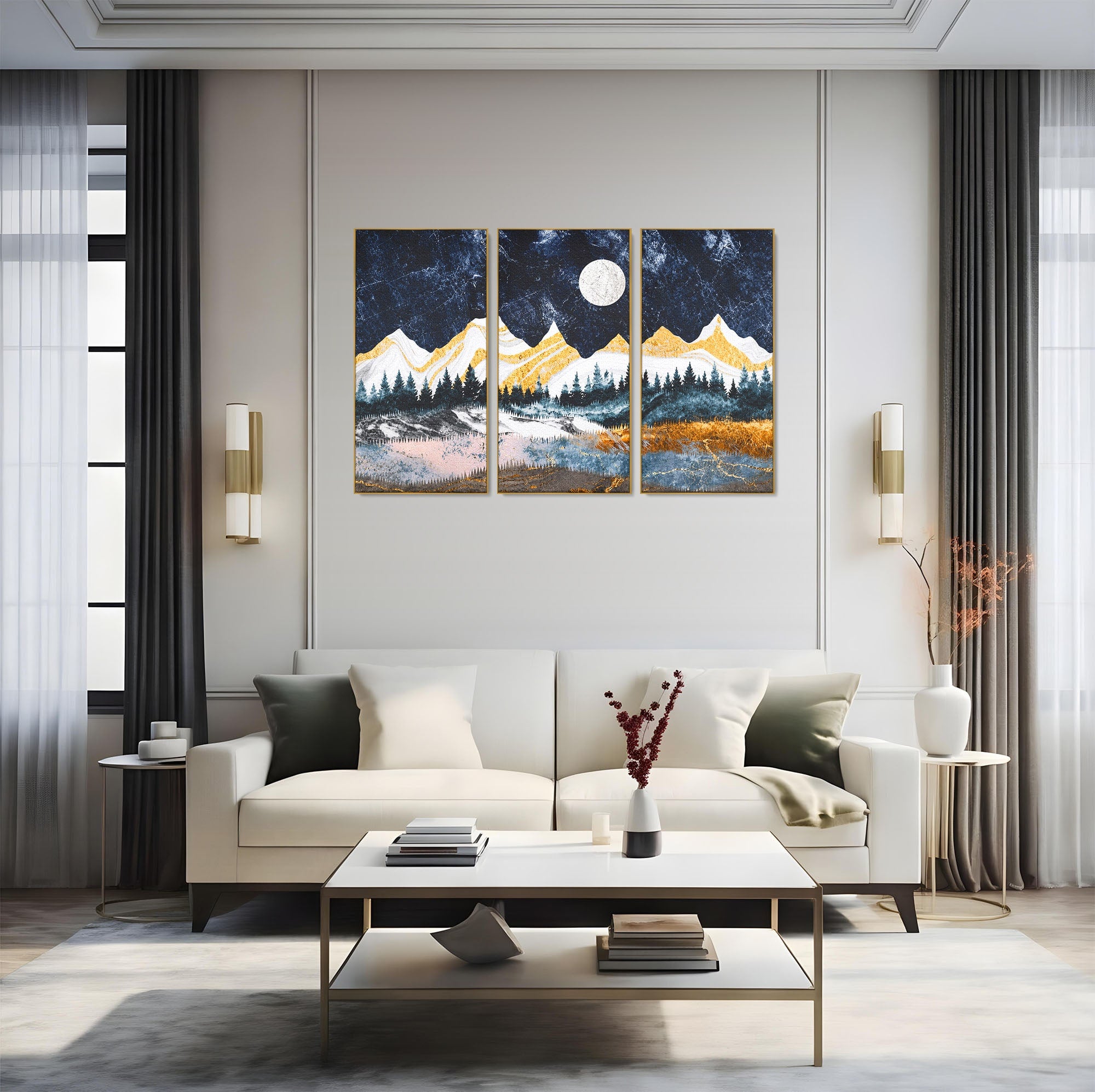 Set 3 Tablouri Canvas Premium LuxCanva® A3-1752, Peisaj Montan Nocturn, Peisaj, Munti, Luna, Noapte, Natura, Living, Dormitor, Culori Vibrante