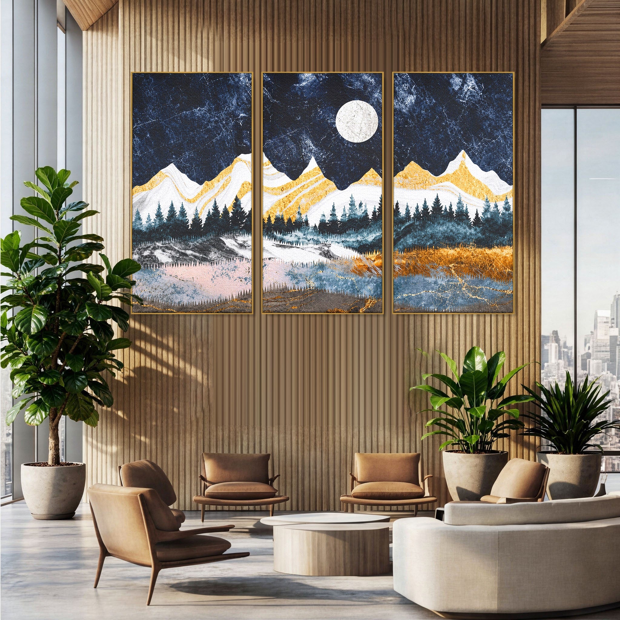 Set 3 Tablouri Canvas Premium LuxCanva® A3-1752, Peisaj Montan Nocturn, Peisaj, Munti, Luna, Noapte, Natura, Living, Dormitor, Culori Vibrante