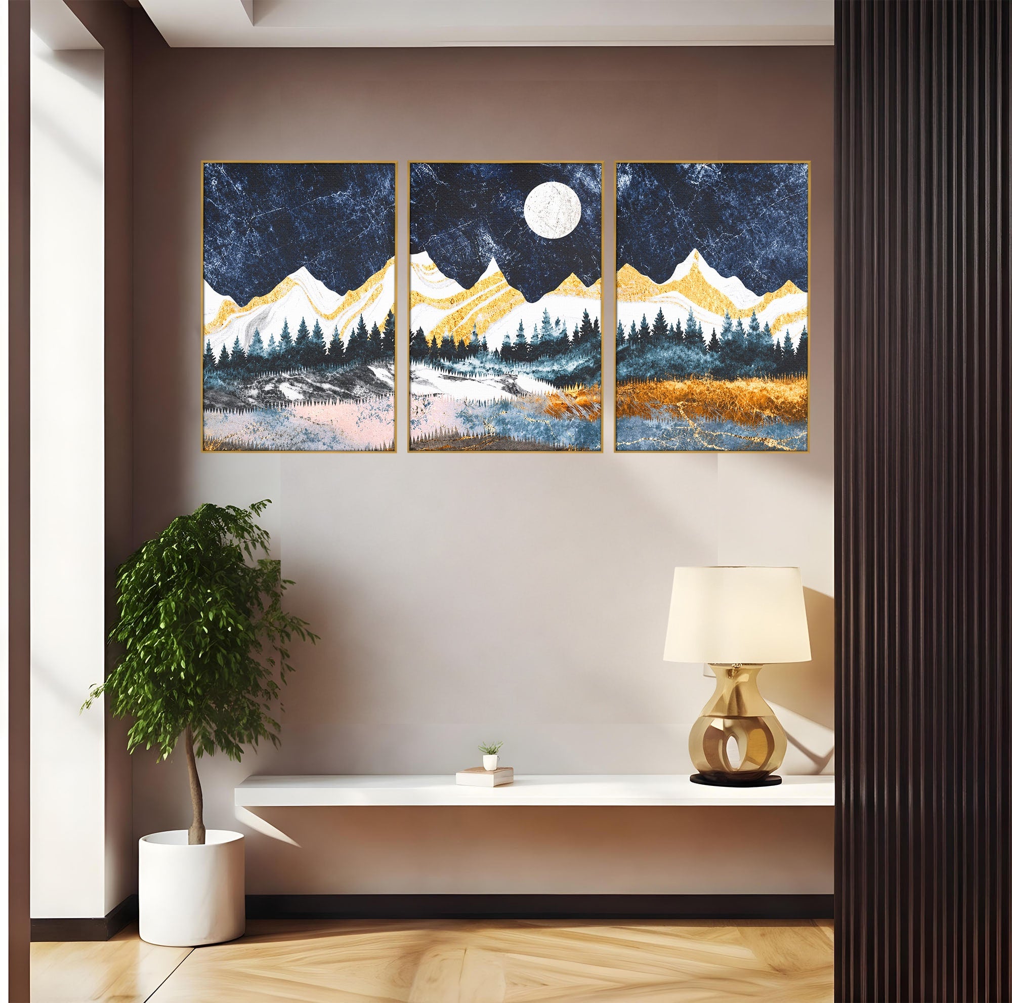 Set 3 Tablouri Canvas Premium LuxCanva® A3-1752, Peisaj Montan Nocturn, Peisaj, Munti, Luna, Noapte, Natura, Living, Dormitor, Culori Vibrante