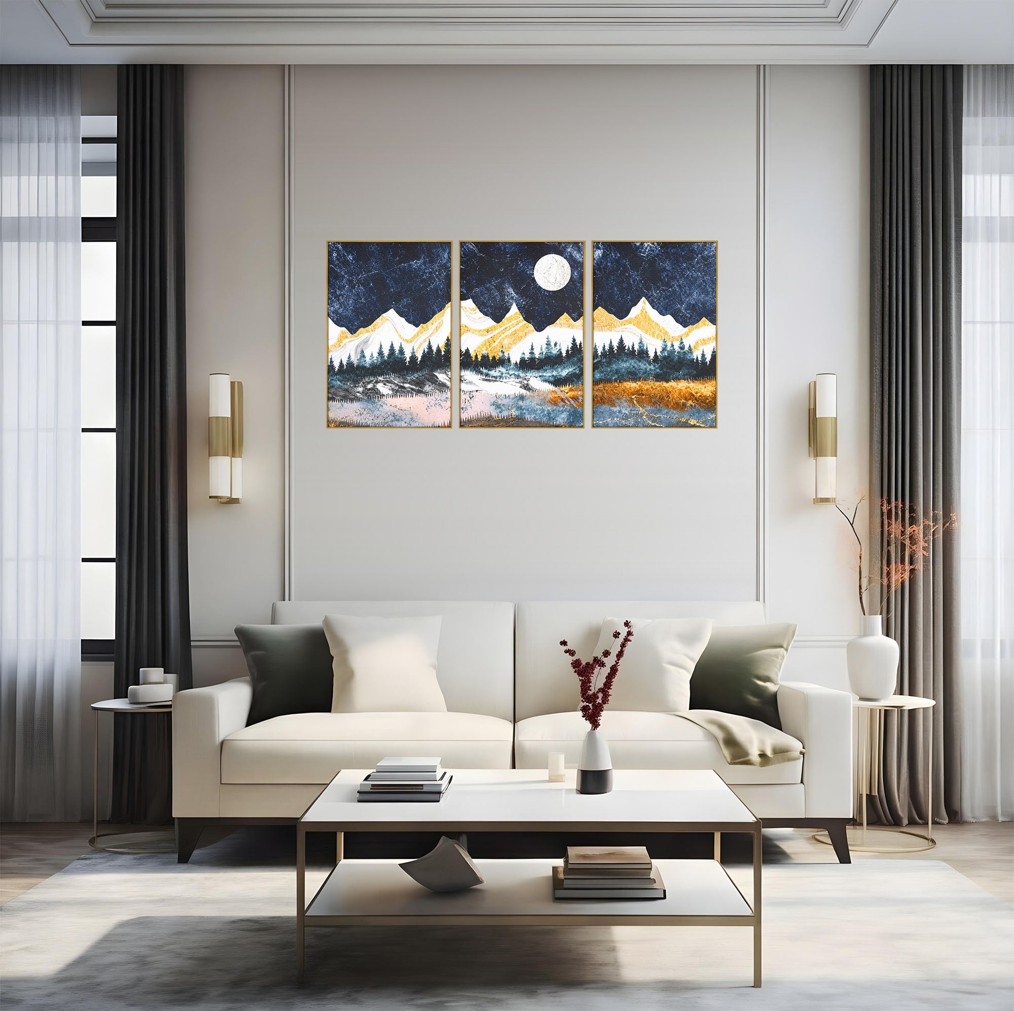 Set 3 Tablouri Canvas Premium LuxCanva® A3-1752, Peisaj Montan Nocturn, Peisaj, Munti, Luna, Noapte, Natura, Living, Dormitor, Culori Vibrante