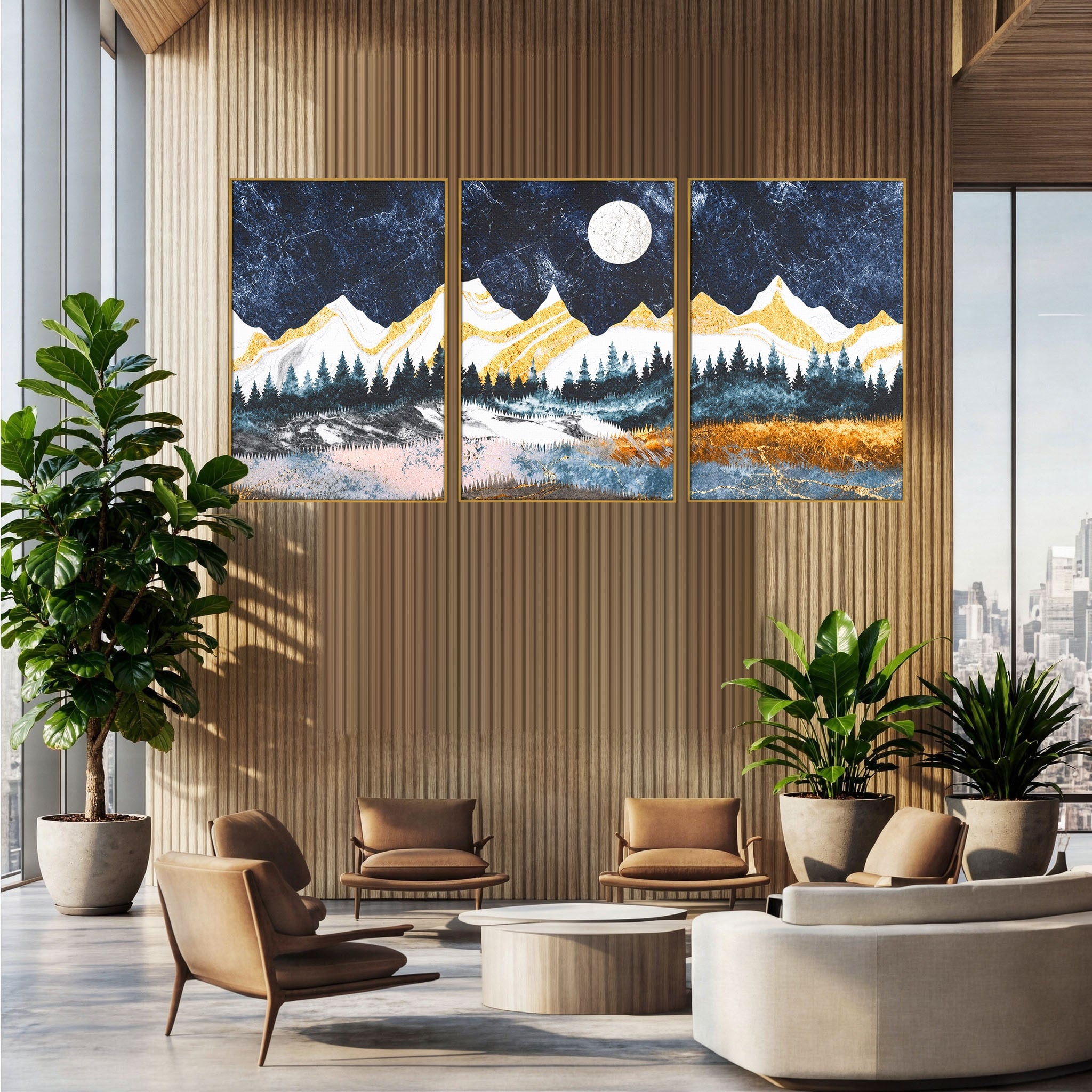 Set 3 Tablouri Canvas Premium LuxCanva® A3-1752, Peisaj Montan Nocturn, Peisaj, Munti, Luna, Noapte, Natura, Living, Dormitor, Culori Vibrante