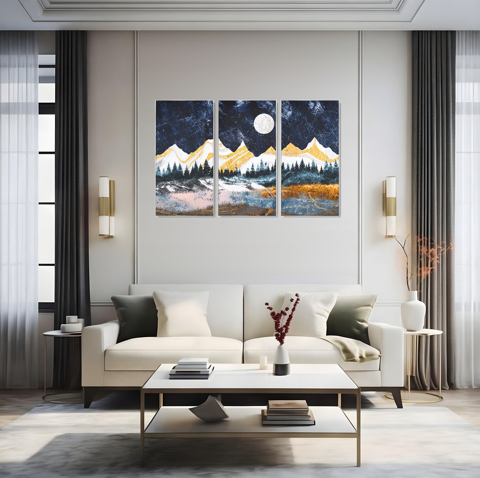 Set 3 Tablouri Canvas Premium LuxCanva® A3-1752, Peisaj Montan Nocturn, Peisaj, Munti, Luna, Noapte, Natura, Living, Dormitor, Culori Vibrante