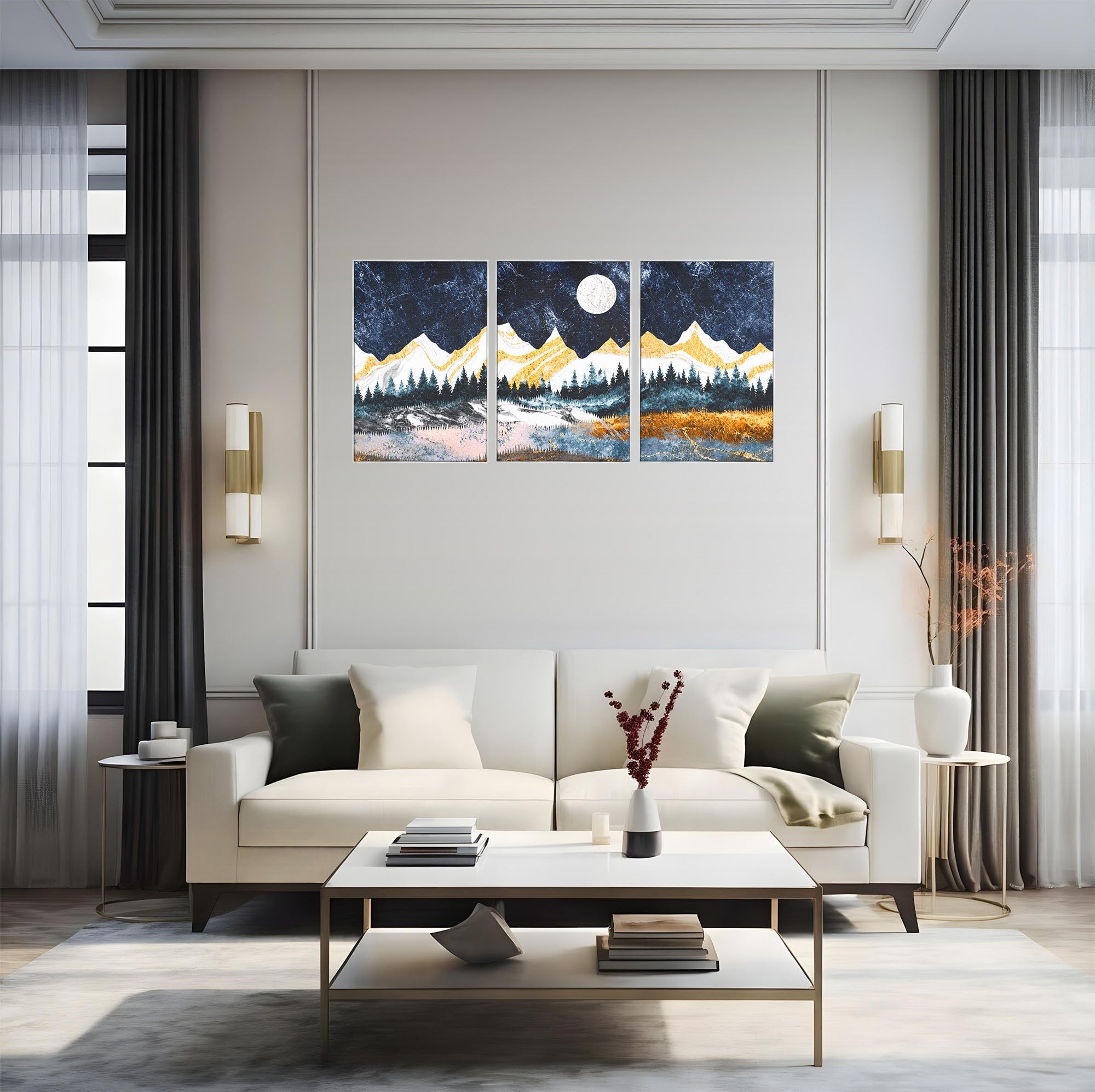 Set 3 Tablouri Canvas Premium LuxCanva® A3-1752, Peisaj Montan Nocturn, Peisaj, Munti, Luna, Noapte, Natura, Living, Dormitor, Culori Vibrante