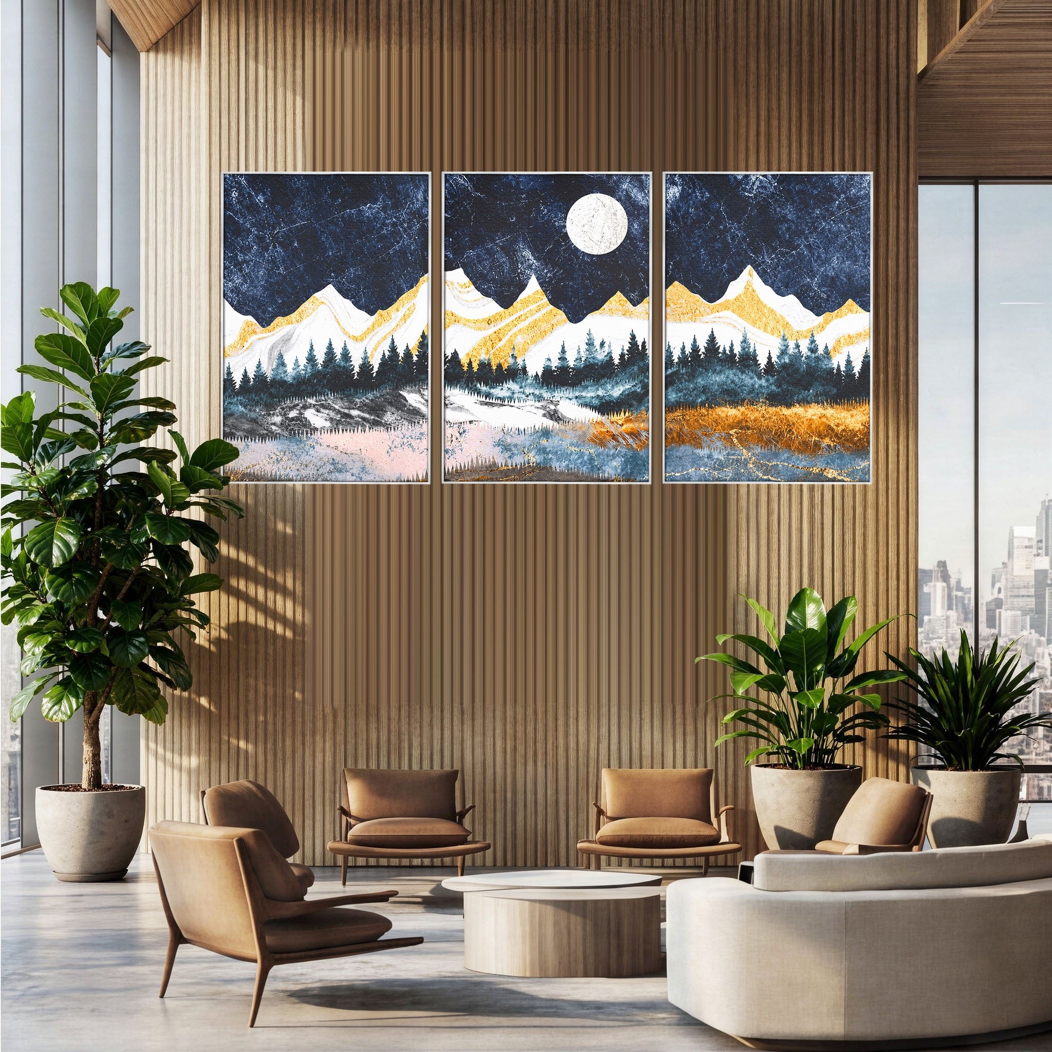 Set 3 Tablouri Canvas Premium LuxCanva® A3-1752, Peisaj Montan Nocturn, Peisaj, Munti, Luna, Noapte, Natura, Living, Dormitor, Culori Vibrante