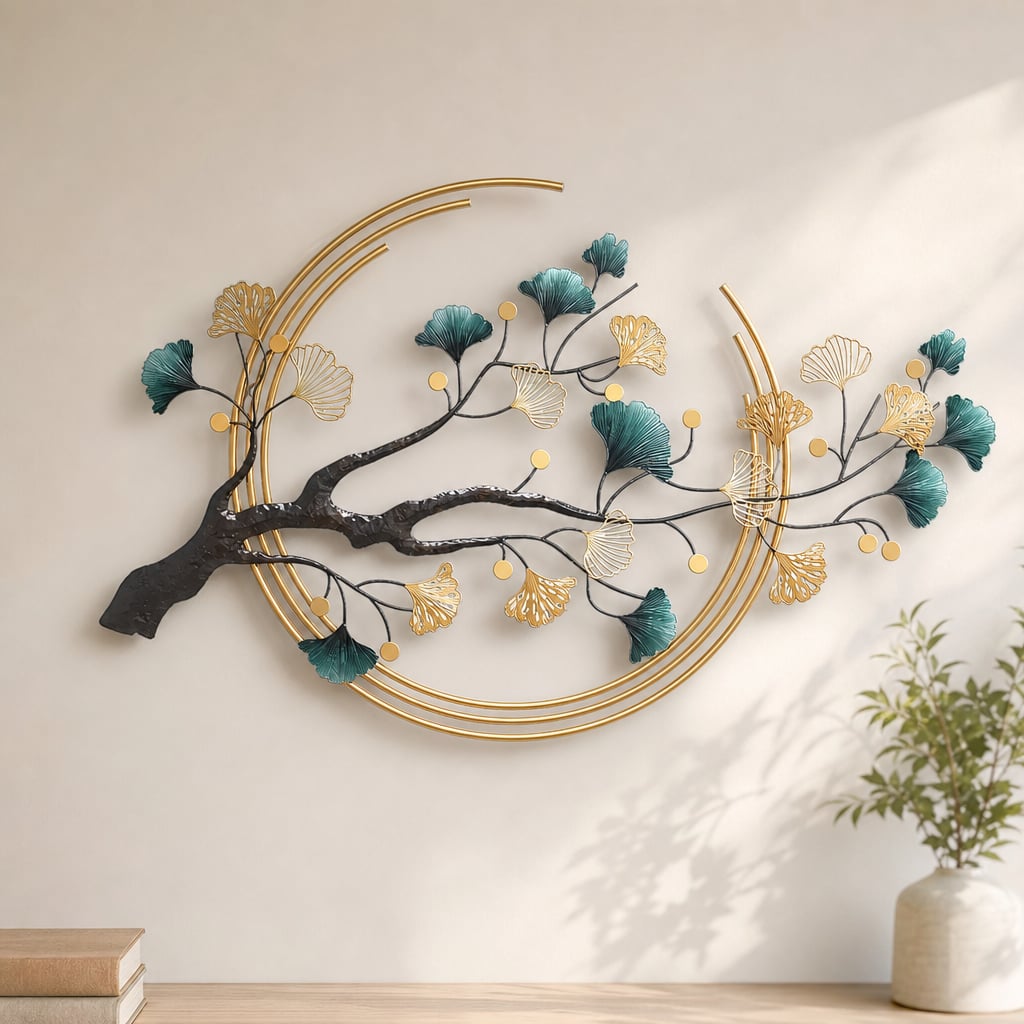 Metall Wanddekoration LuxCanva® Aurora Zweig A0899, aus Metall, Horizontal, Gold, Grün, Schwarz, Großformat 60 × 110 cm