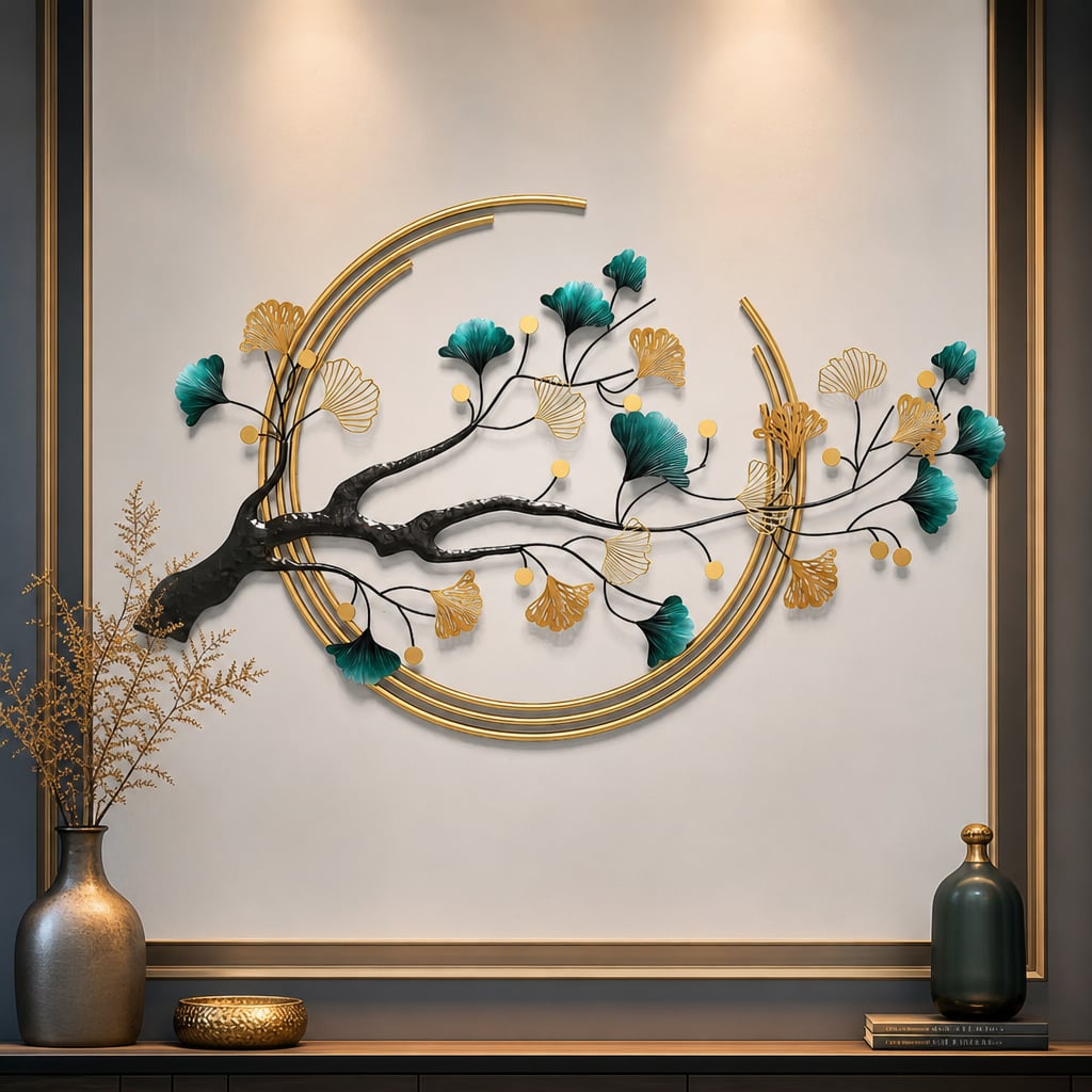 Metall Wanddekoration LuxCanva® Aurora Zweig A0899, aus Metall, Horizontal, Gold, Grün, Schwarz, Großformat 60 × 110 cm